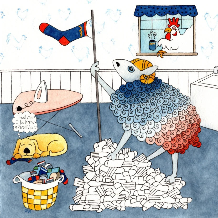 Illustration of a Merino Sheep planting a sock flag on a pile of socks