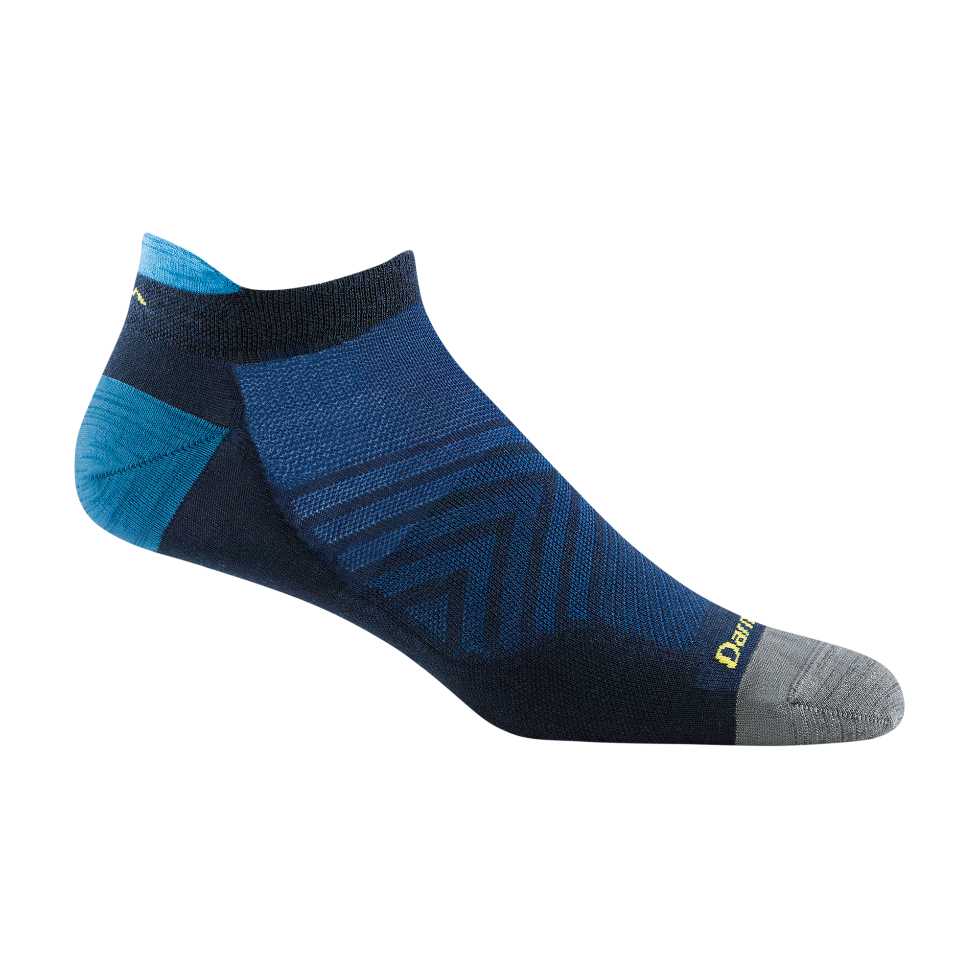 1033 men's no show tab running sock in navy with gray toe, blue accents and yellow darn tough signature on forefoot