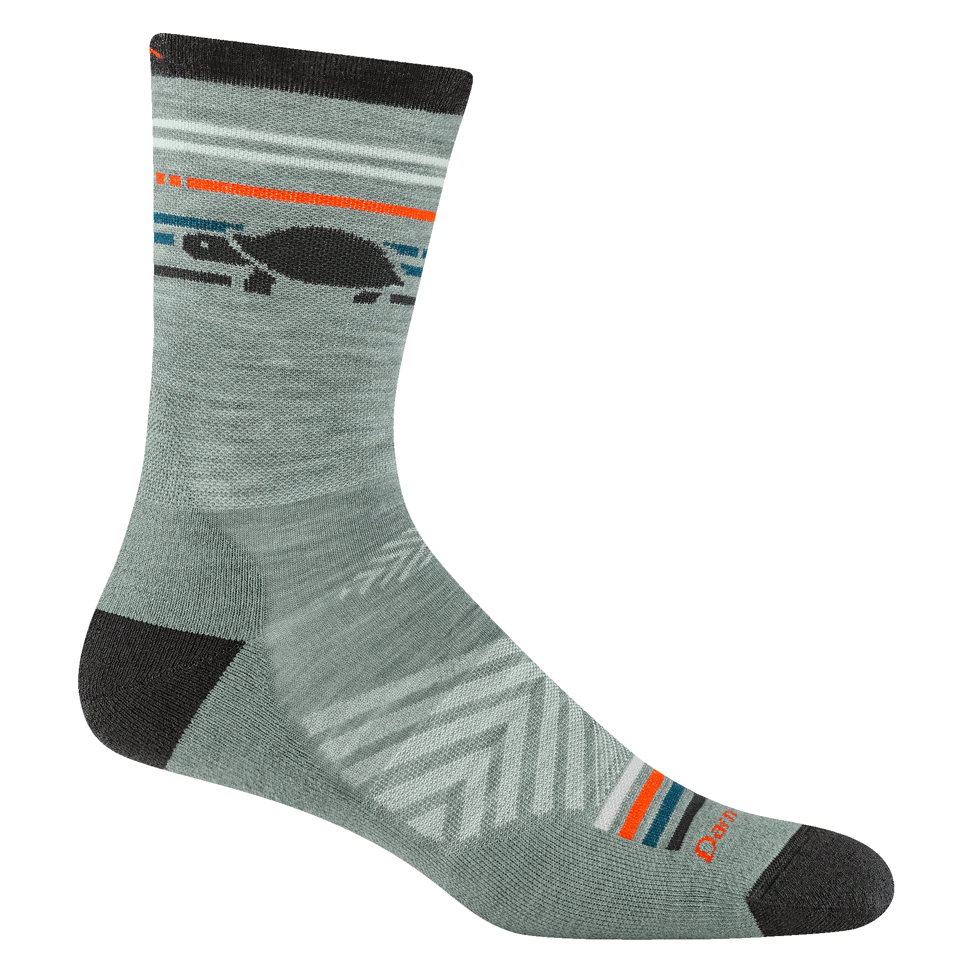 Reverse side of men's pacer micro crew in seafoam gray with blue, gray, and orange striping and green turtle detail