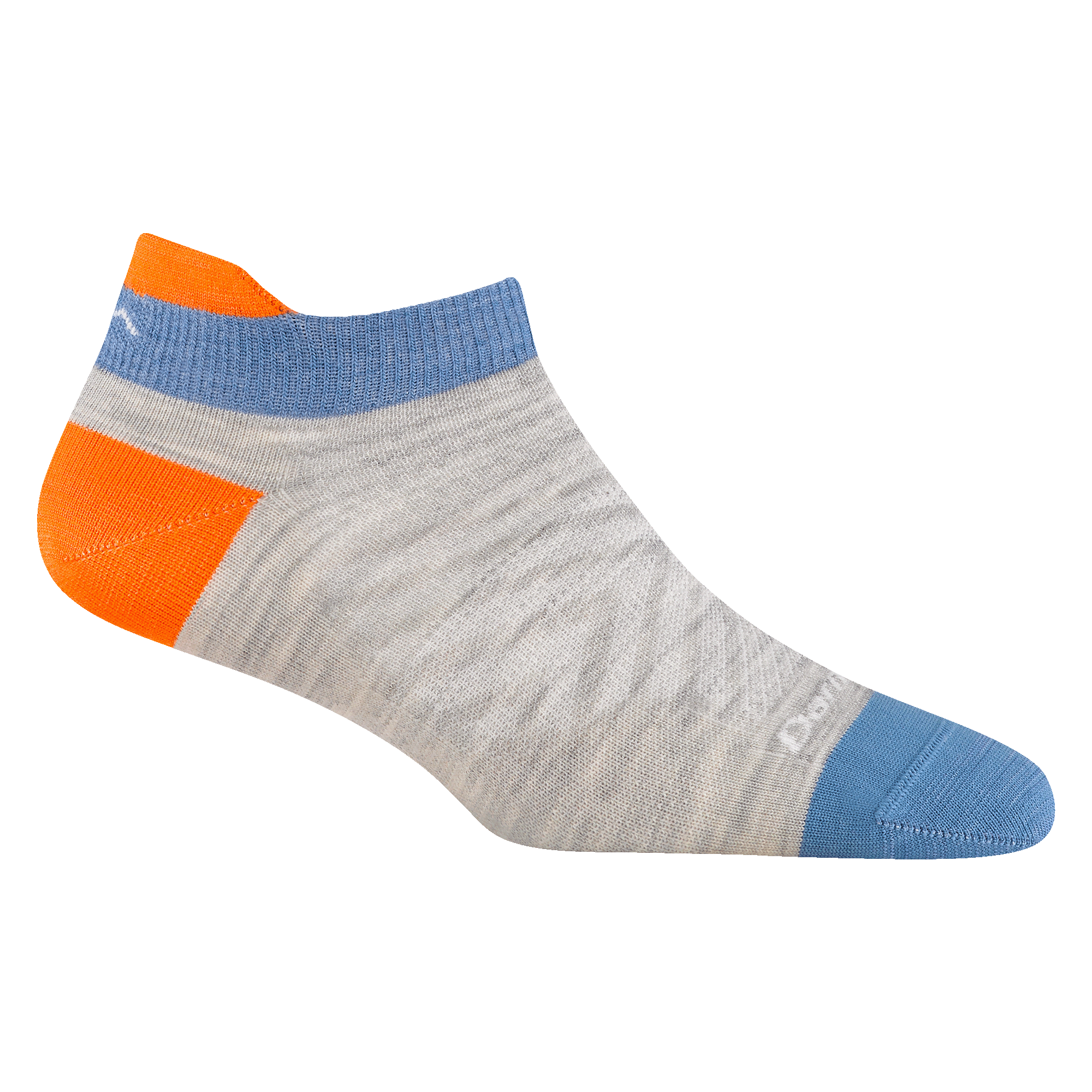 1043 women's no show tab running sock in Zenith with blue toe and orange heel and tab accents