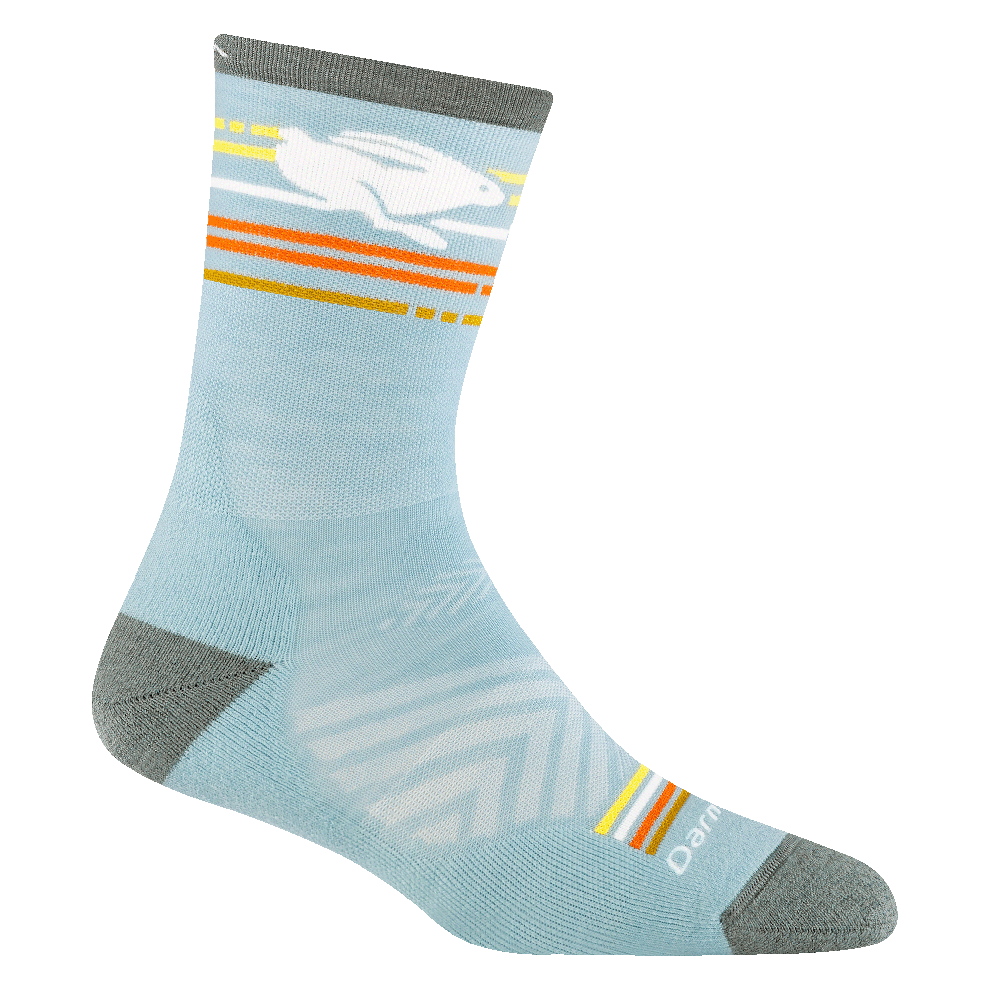 1050 women's pacer micro crew running sock in glacier with orange striping and rabbit detail on calf