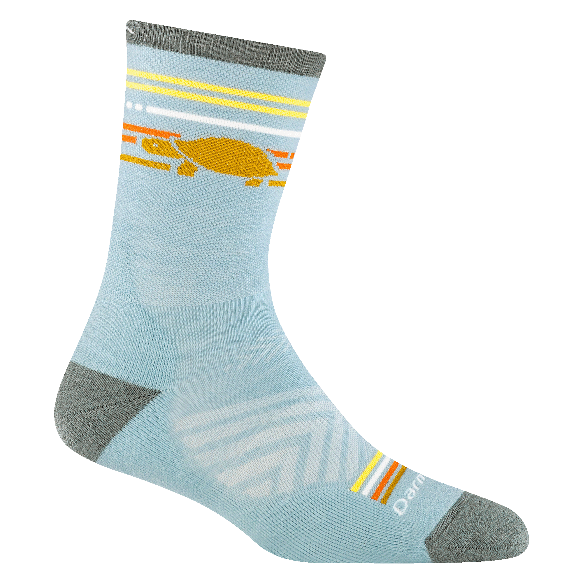 Reverse 1050 women's pacer micro crew running sock in glacier with gray toe/heel accents and turtle design on calf