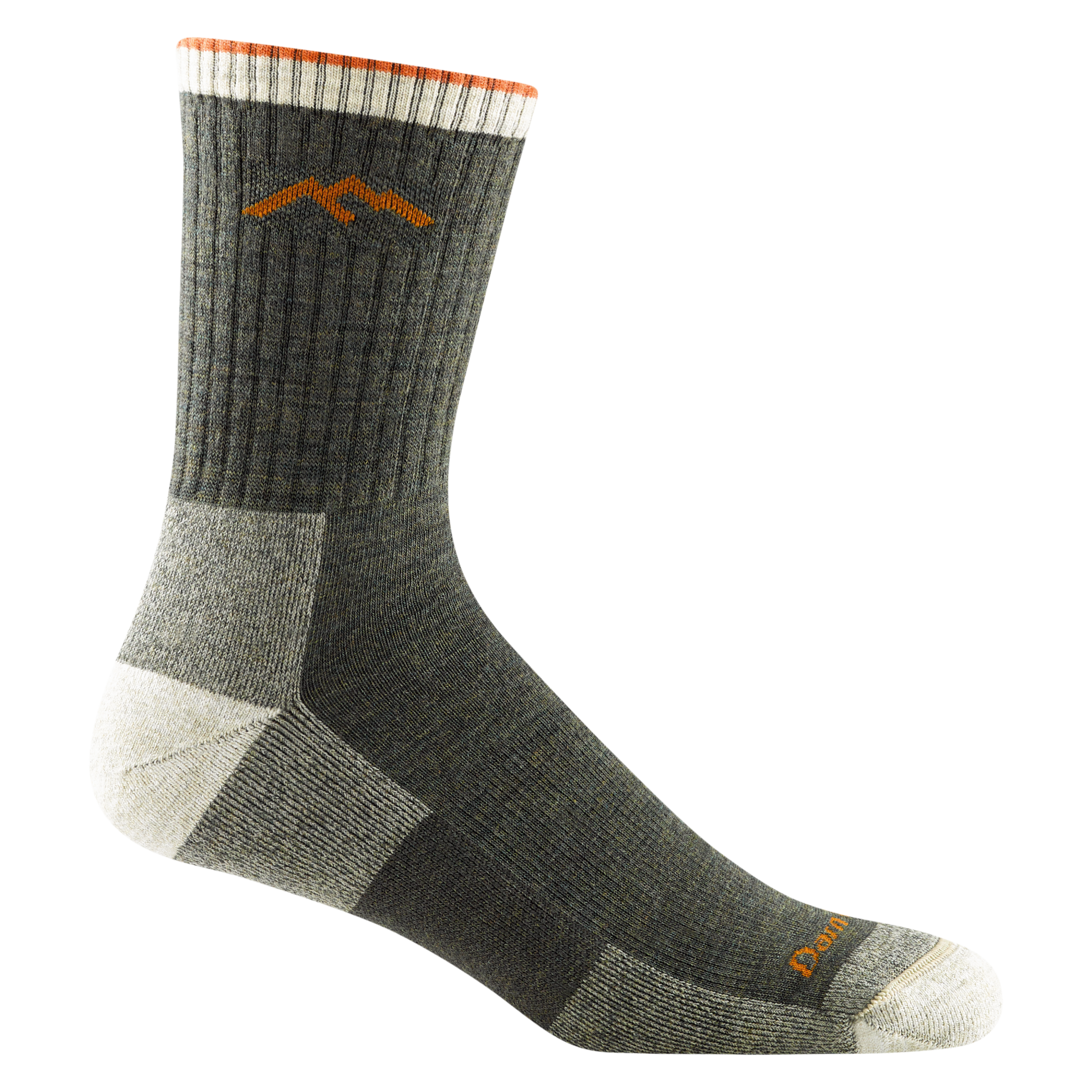 1466 men's micro crew hiking sock in olive green with white toe/heel accents and orange darn tough signature on forefoot
