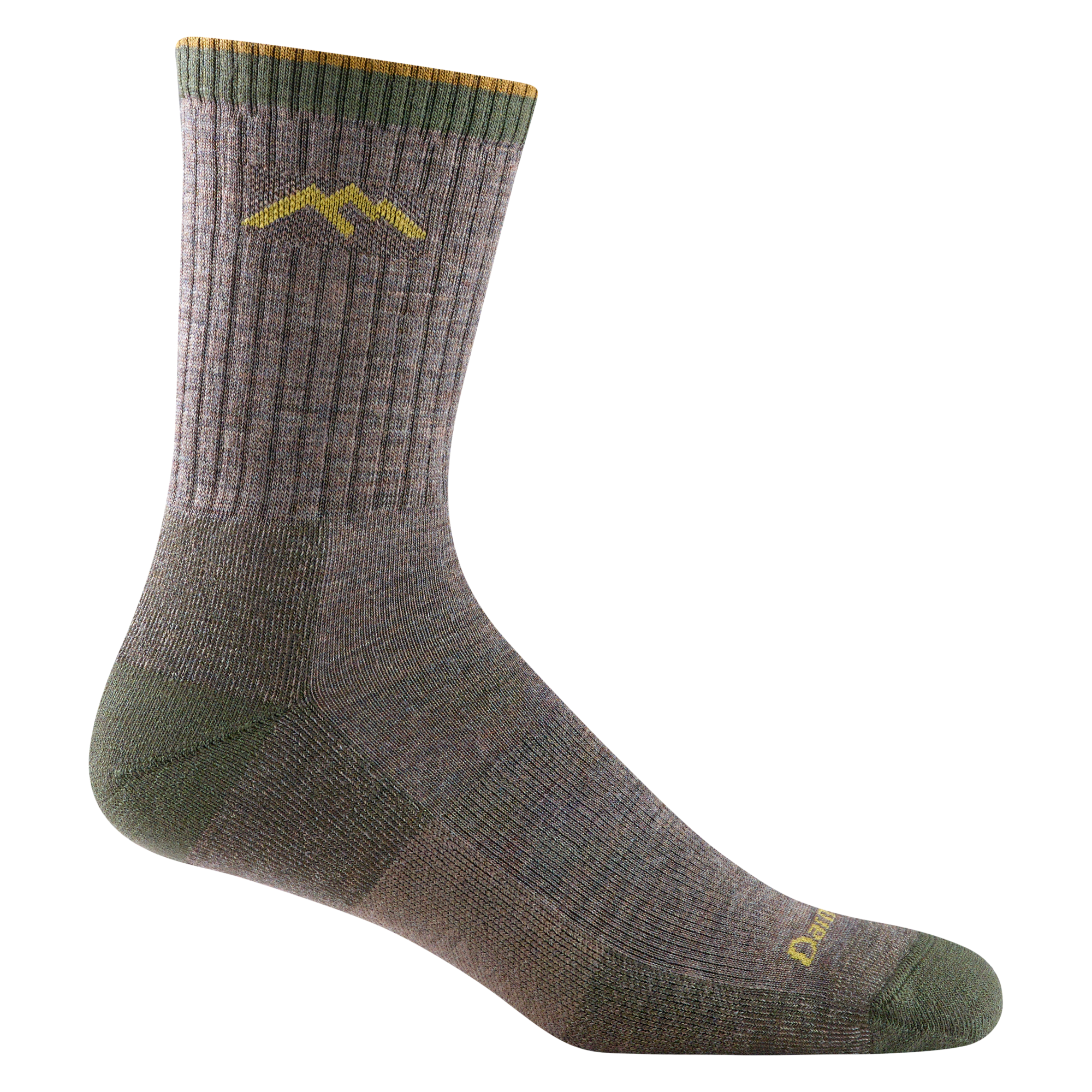 1466 men's micro crew hiking sock in taupe with olive green toe/heel accents and yellow darn tough signature on forefoot