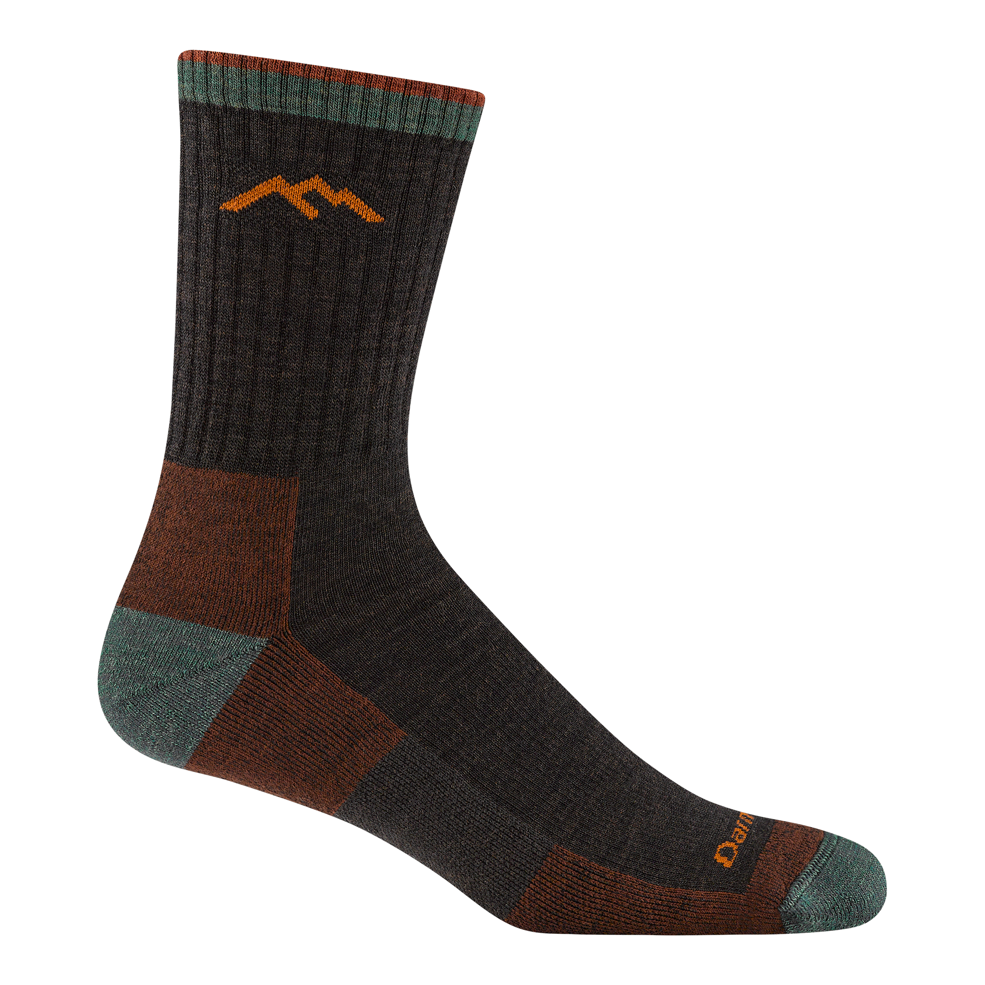 1466 men's hiker micro crew hiking sock in walnut with green toe/heel and orange darn tough mountain logo