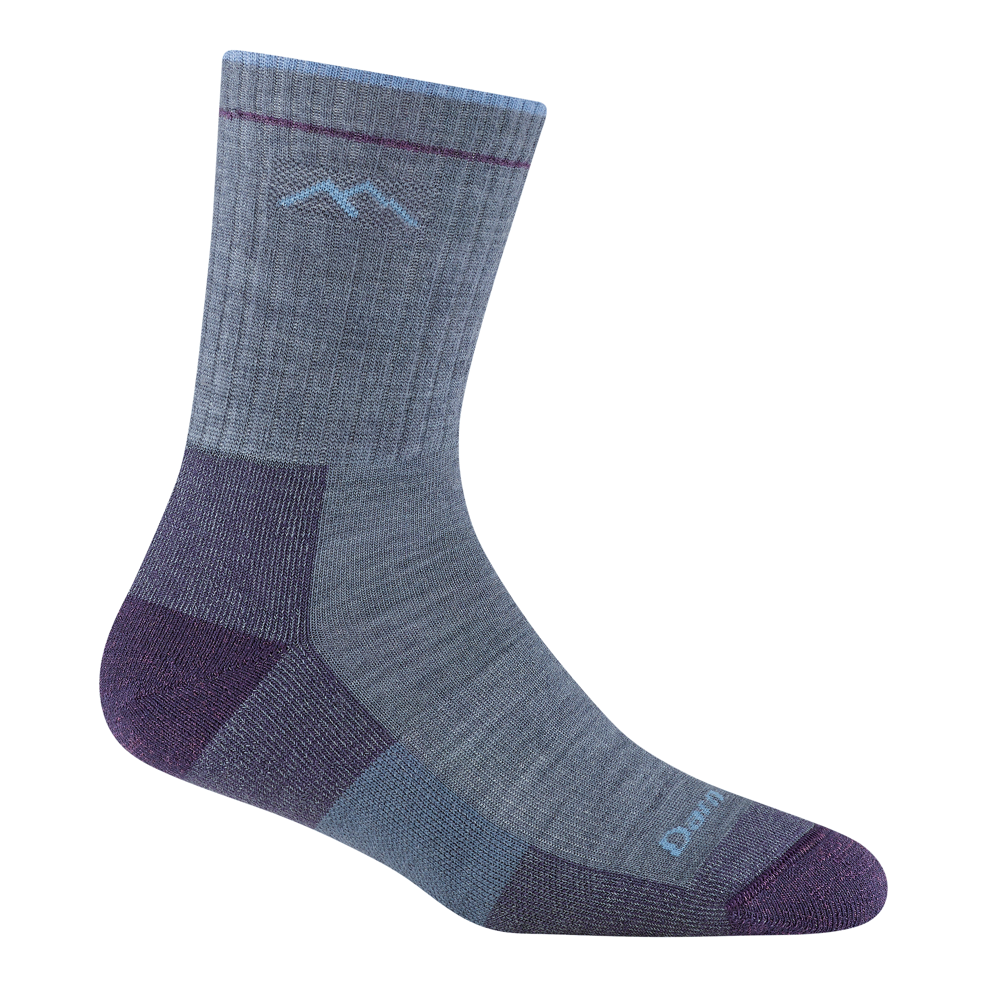 1903 women's hiker micro crew hiking sock in light denim with purple toe/heel accents, light blue darn tough mountain detail