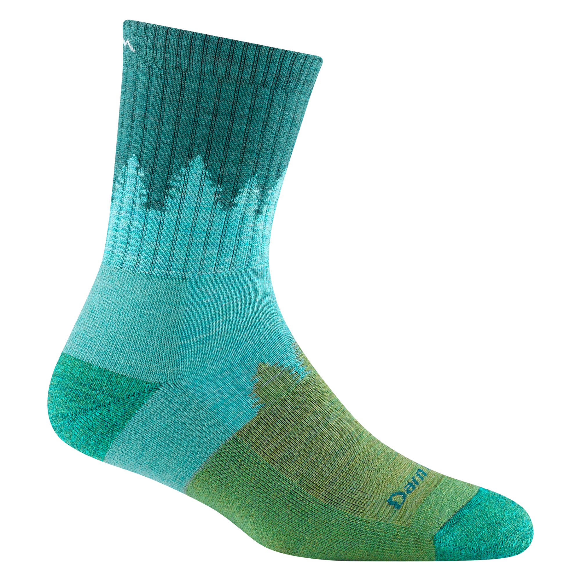 Reverse side of women's treeline micro crew hiking sock in color aqua with tree silhouette design