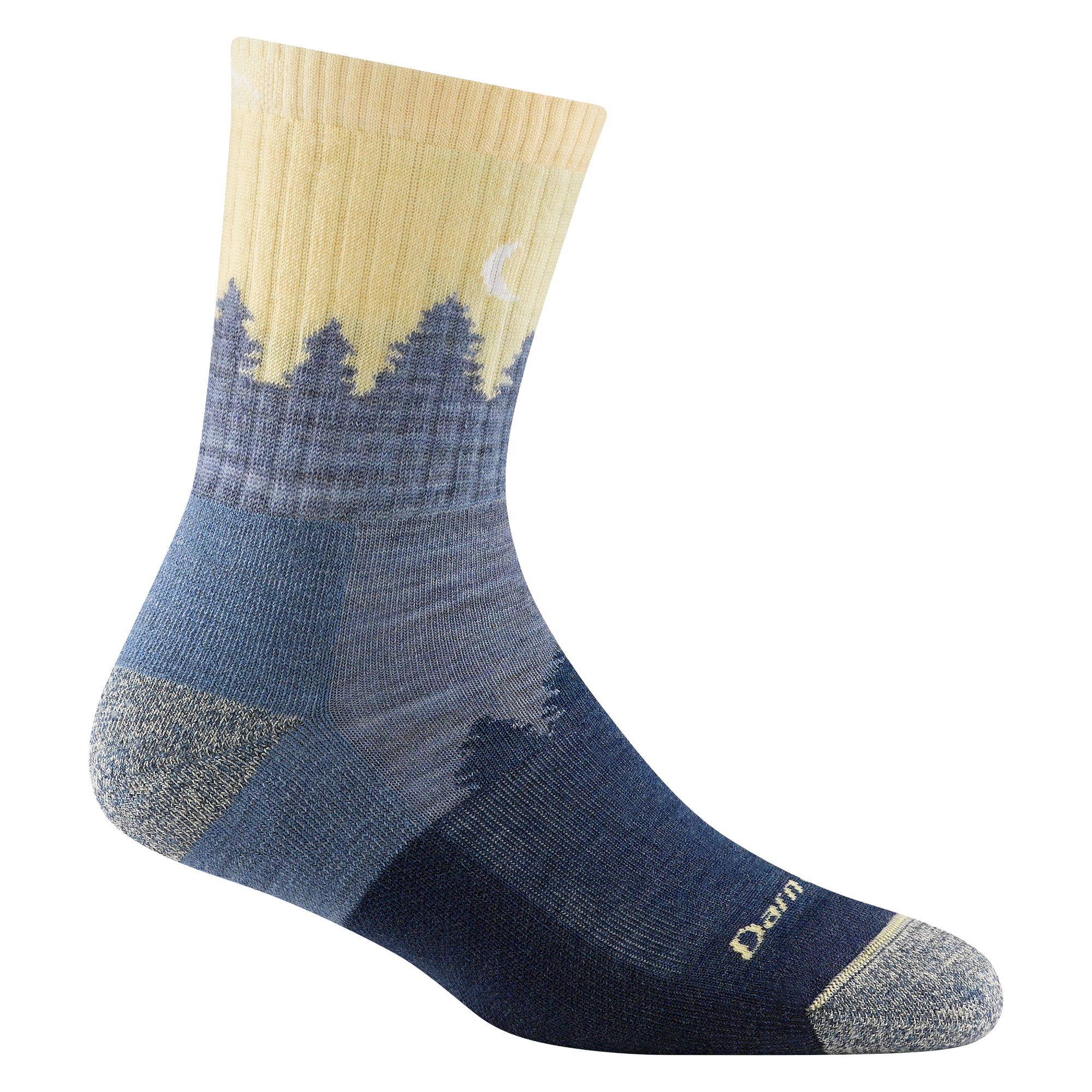 1971 women's treeline micro crew hiking sock in color light denim with grey toe/heel accents and tree silhouette design
