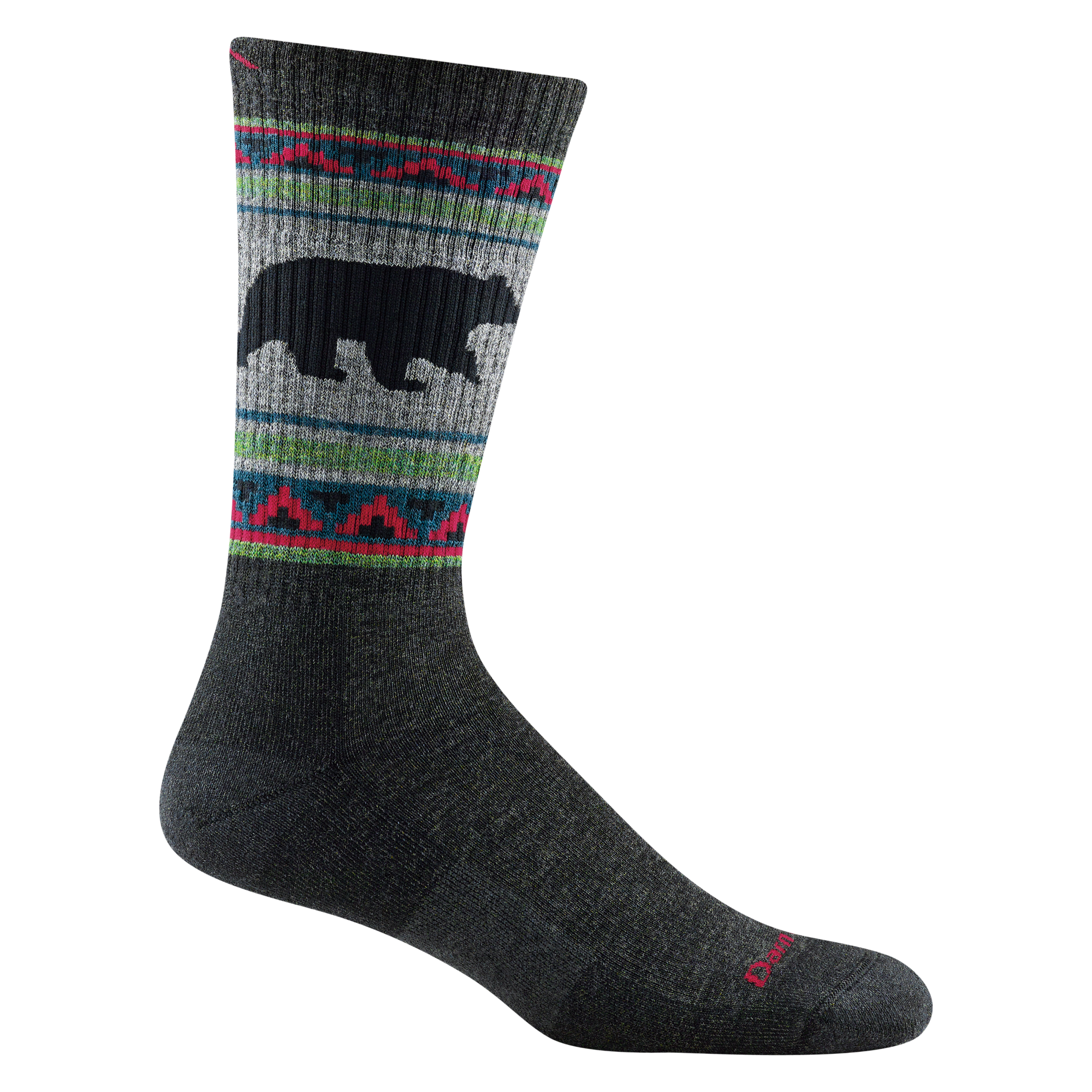 1980 men's vangrizzle boot hiking sock in color charcoal with green, blue and red striping around calf and black bear design
