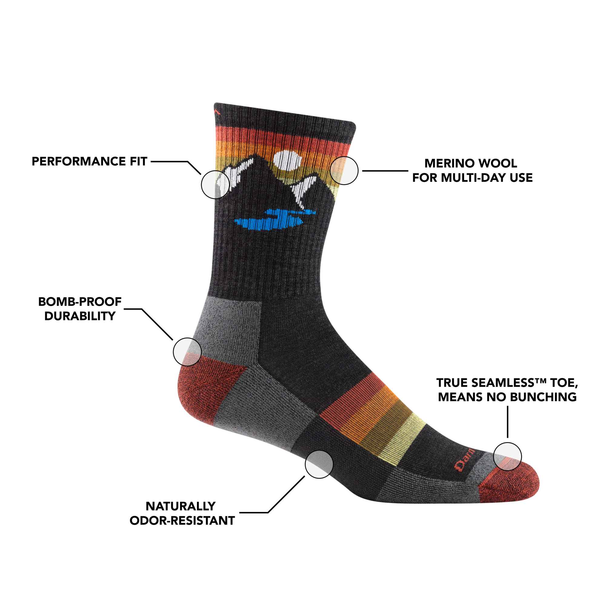 Men's sunset ridge micro crew hiking socks with feature callouts, such as performance fit and bomb-proof durability