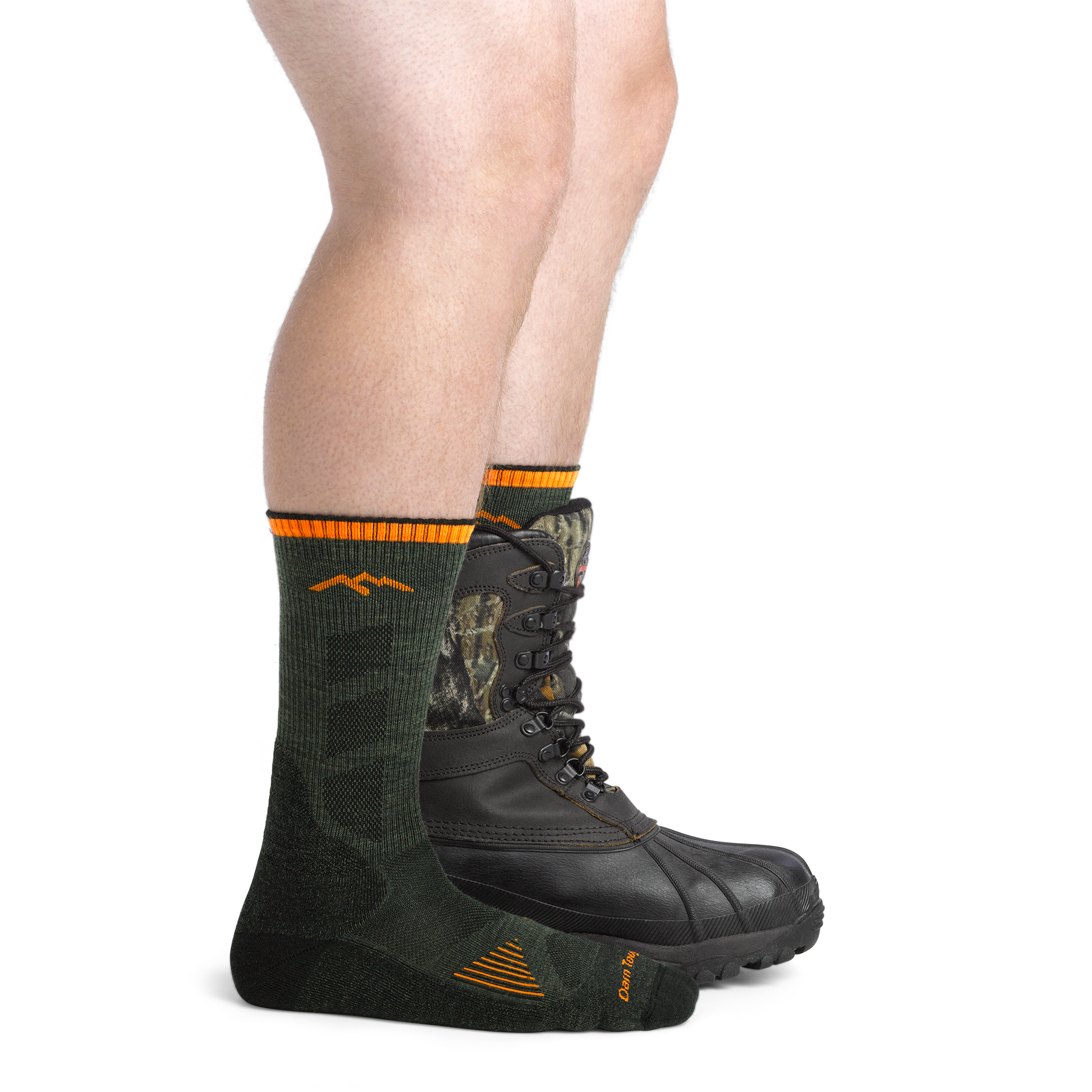 Men's Lightweight Hunting Boots Socks in Forest Green on foot with hunting boots