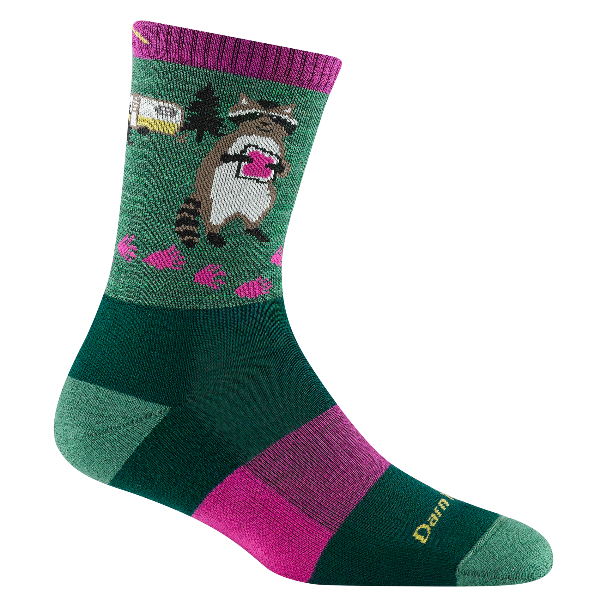 5001 women's critter club micro crew hiking sock in moss green with lighter green toe/heel accents and a racoon eating a sandwich