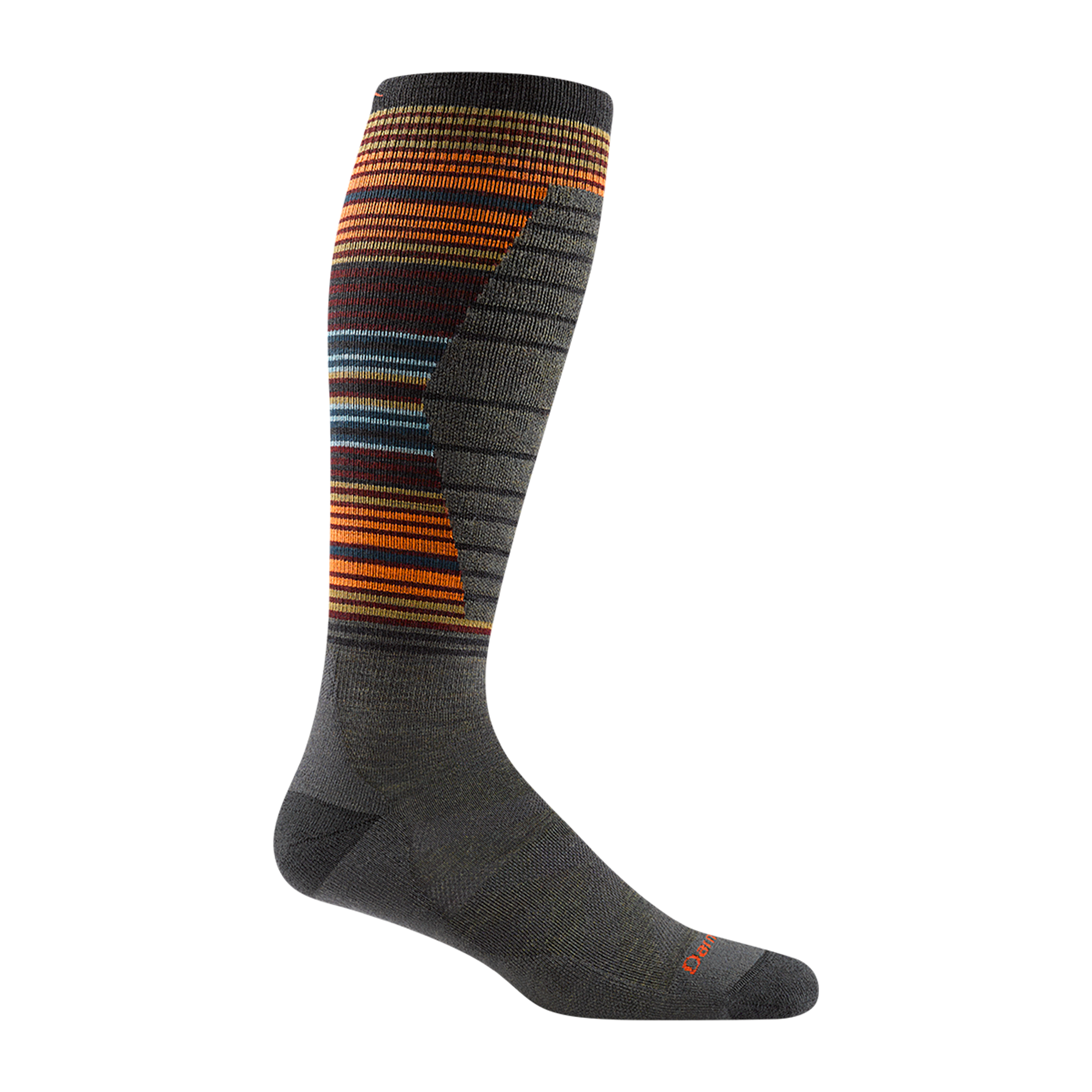 8016 men's backwoods over-the-calf ski sock in forest green with gray accents and gold, orange and blue calf striping