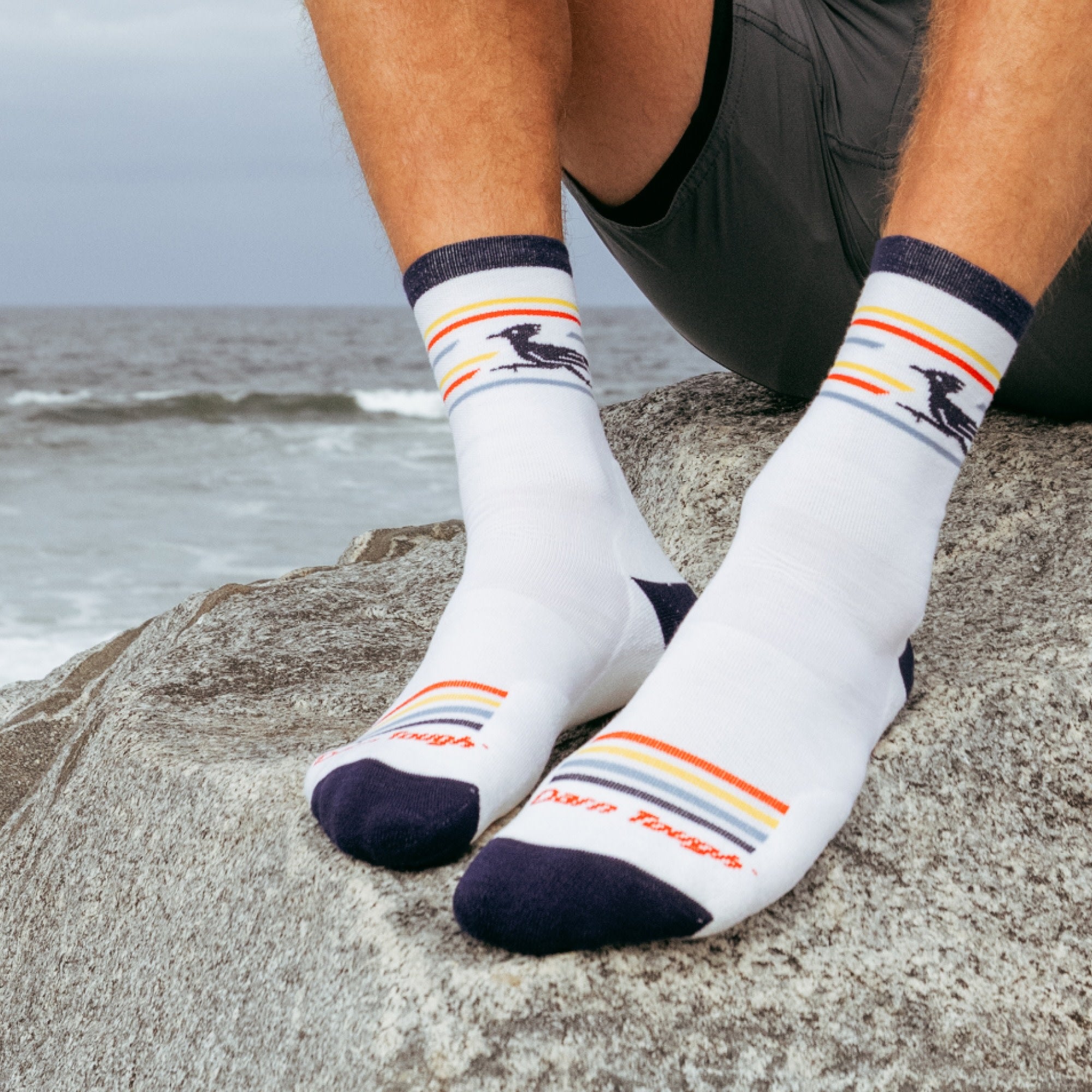 Model sitting on a rock next to the ocean wearing the 1062 front runner micro crew running sock in white colorway