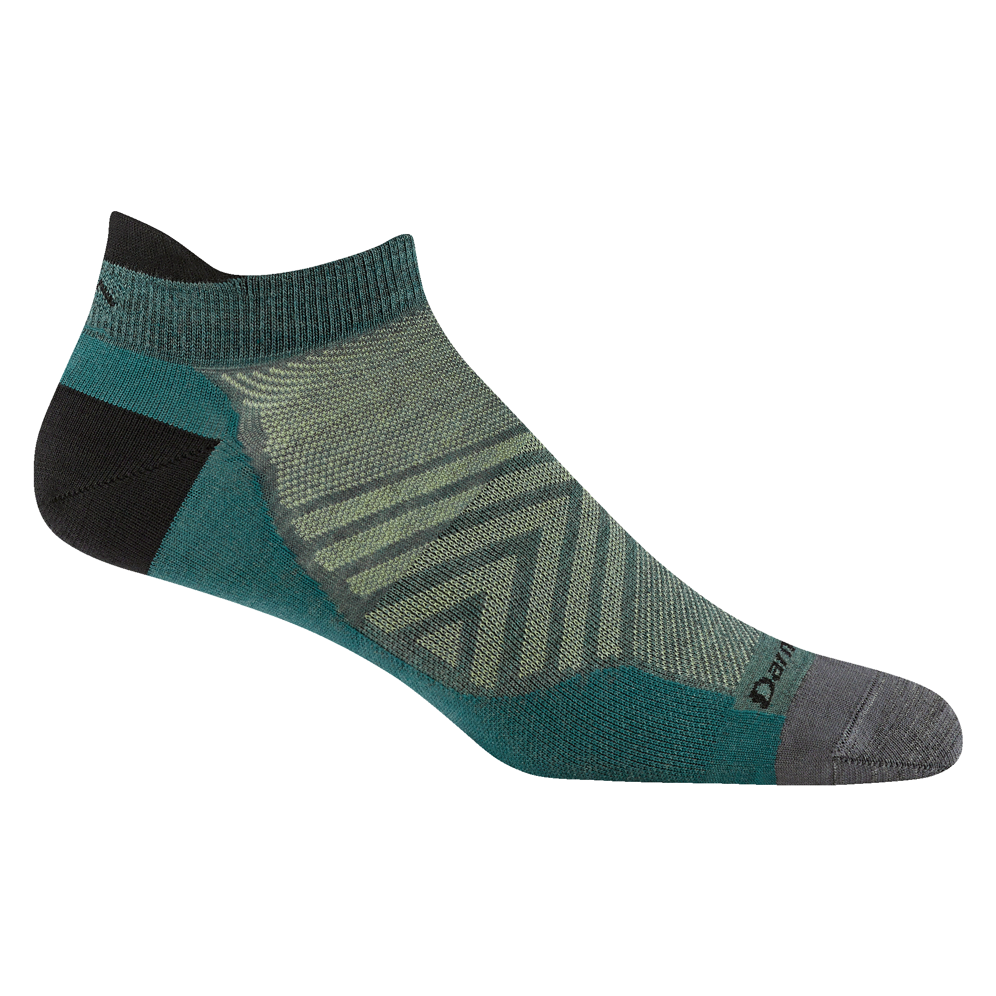 1033 men's no show tab running sock in color Teal with light green chevron and black darn tough signature