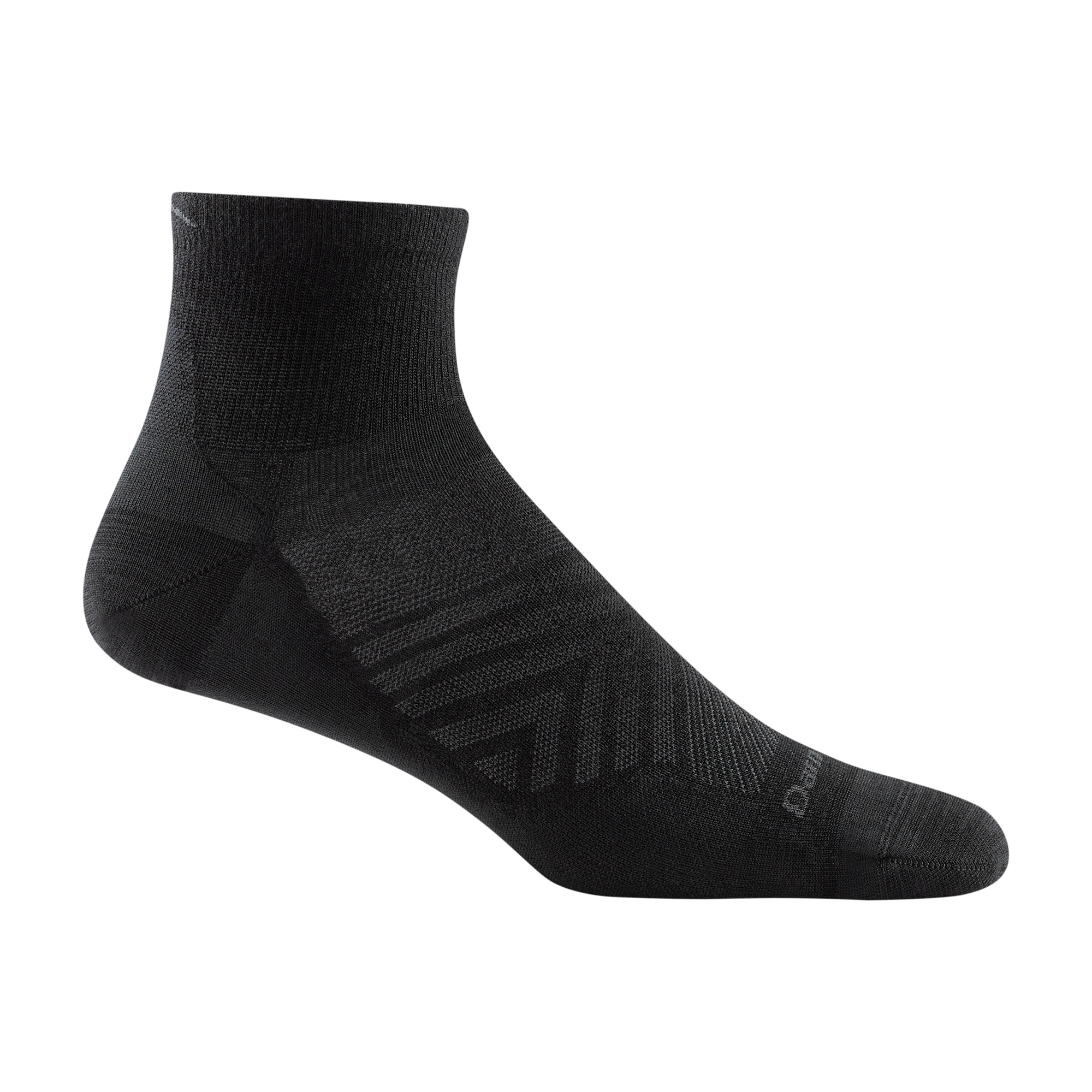 1034 men's quarter running sock in color black with gray chevron and darn tough signature on forefoot