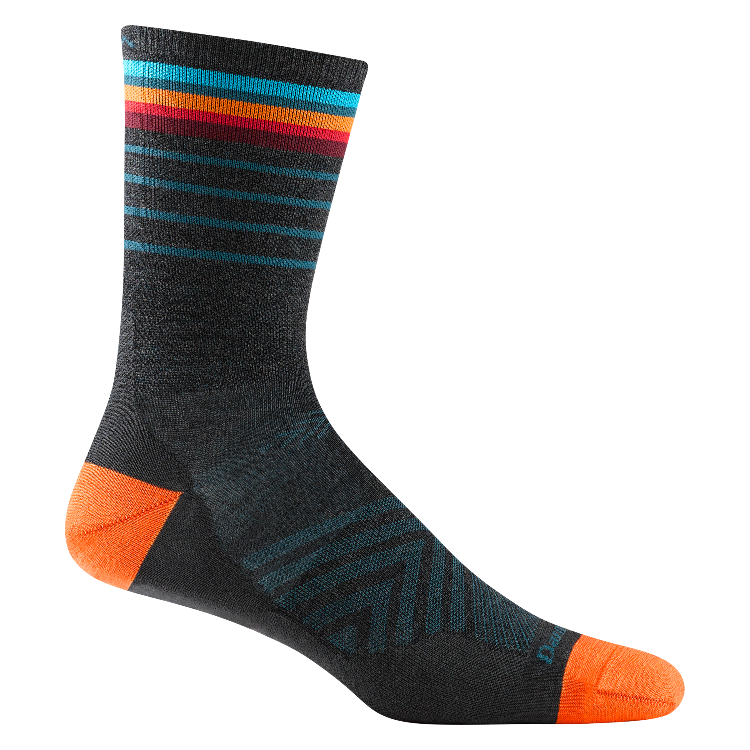 1036 men's stride micro crew running sock in charcoal with orange accents and red, orange and blue calf striping
