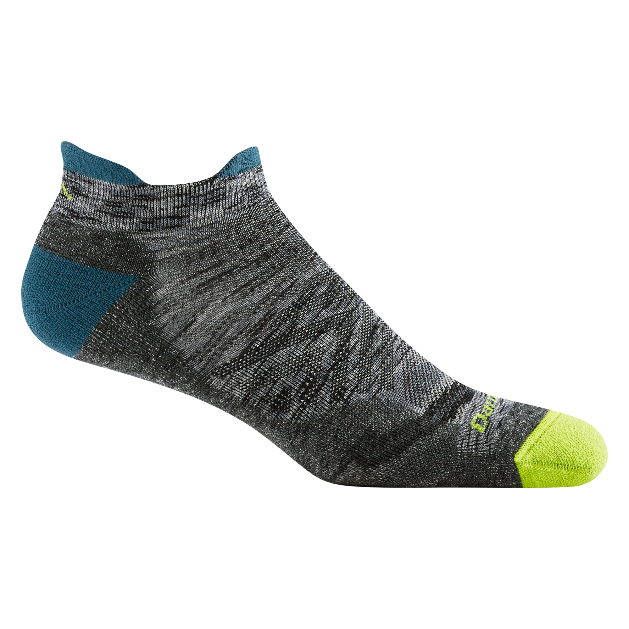 1039 men's no show tab running sock in comet with green toe and teal heel and tab accents
