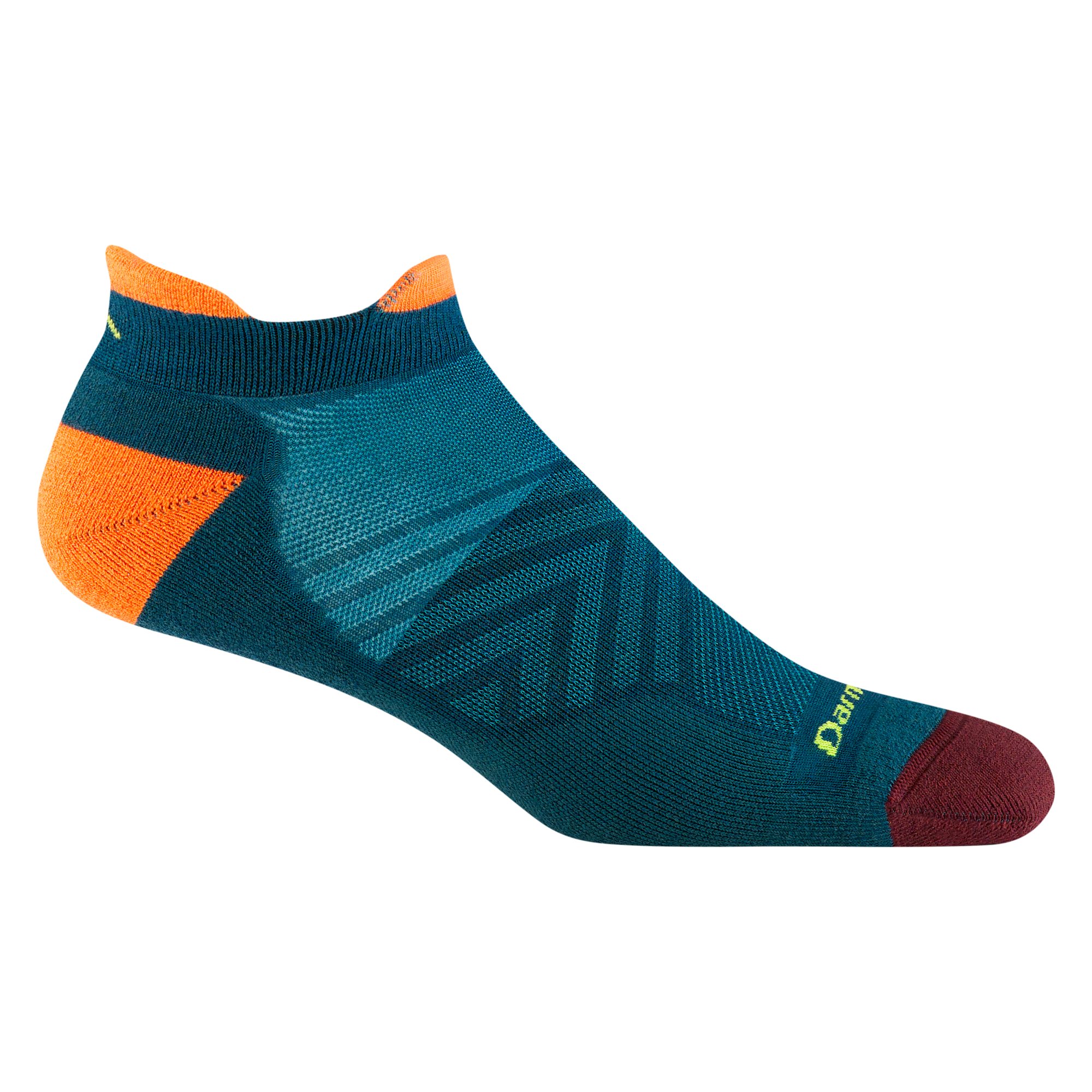 1039 men's no show tab running sock in dark teal with burgundy toe and orange heel and tab accents