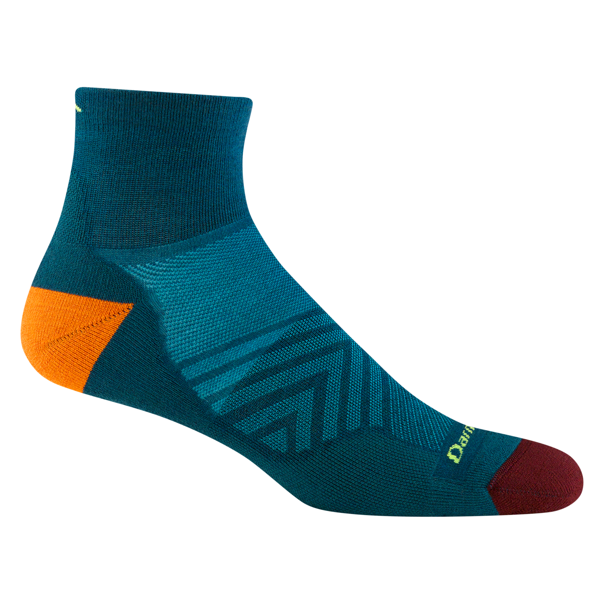 1040 men's quarter running sock in dark teal with burgundy toe and orange heel accents