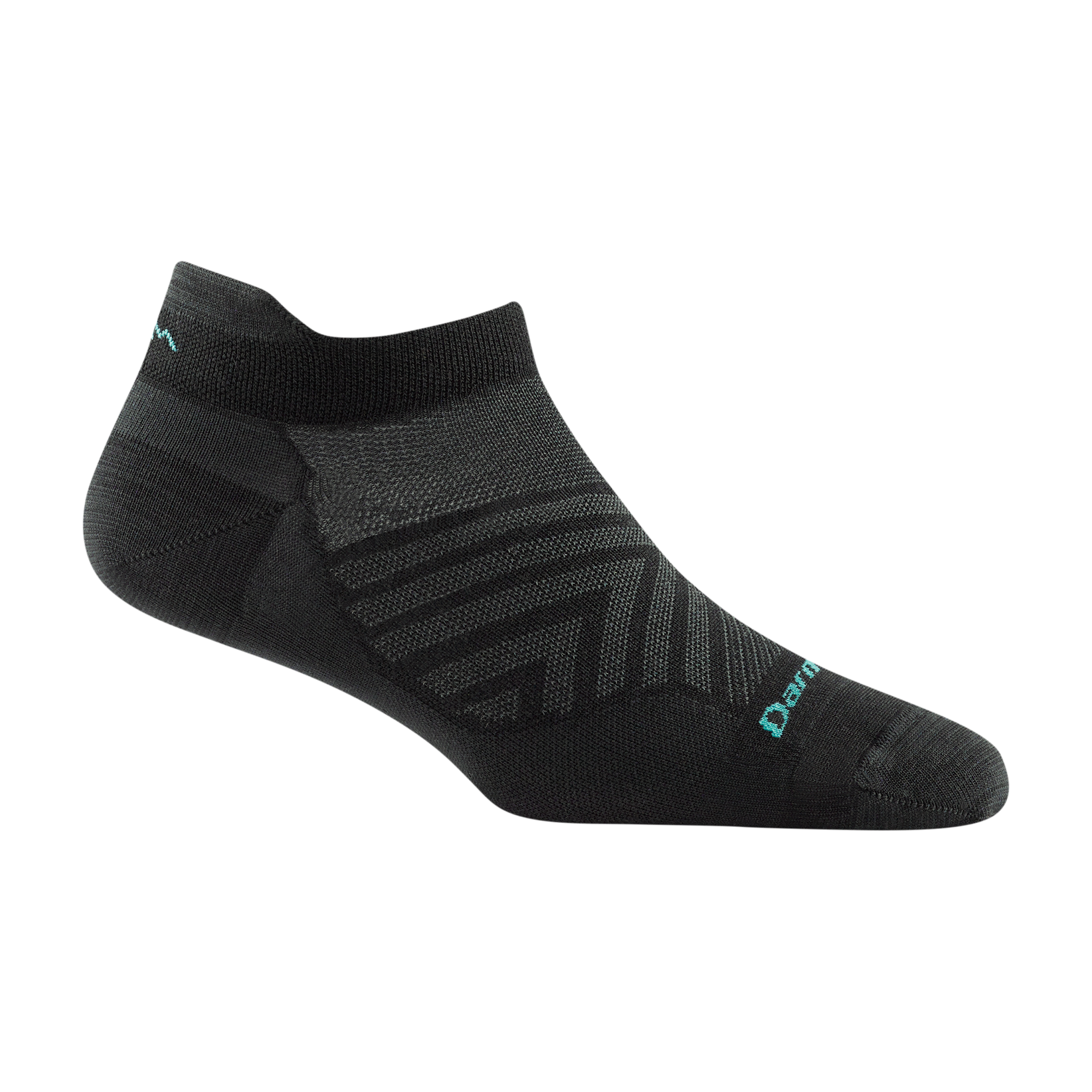 1043 women's no show tab running sock in black with gray chevron forefoot details and blue darn tough signature
