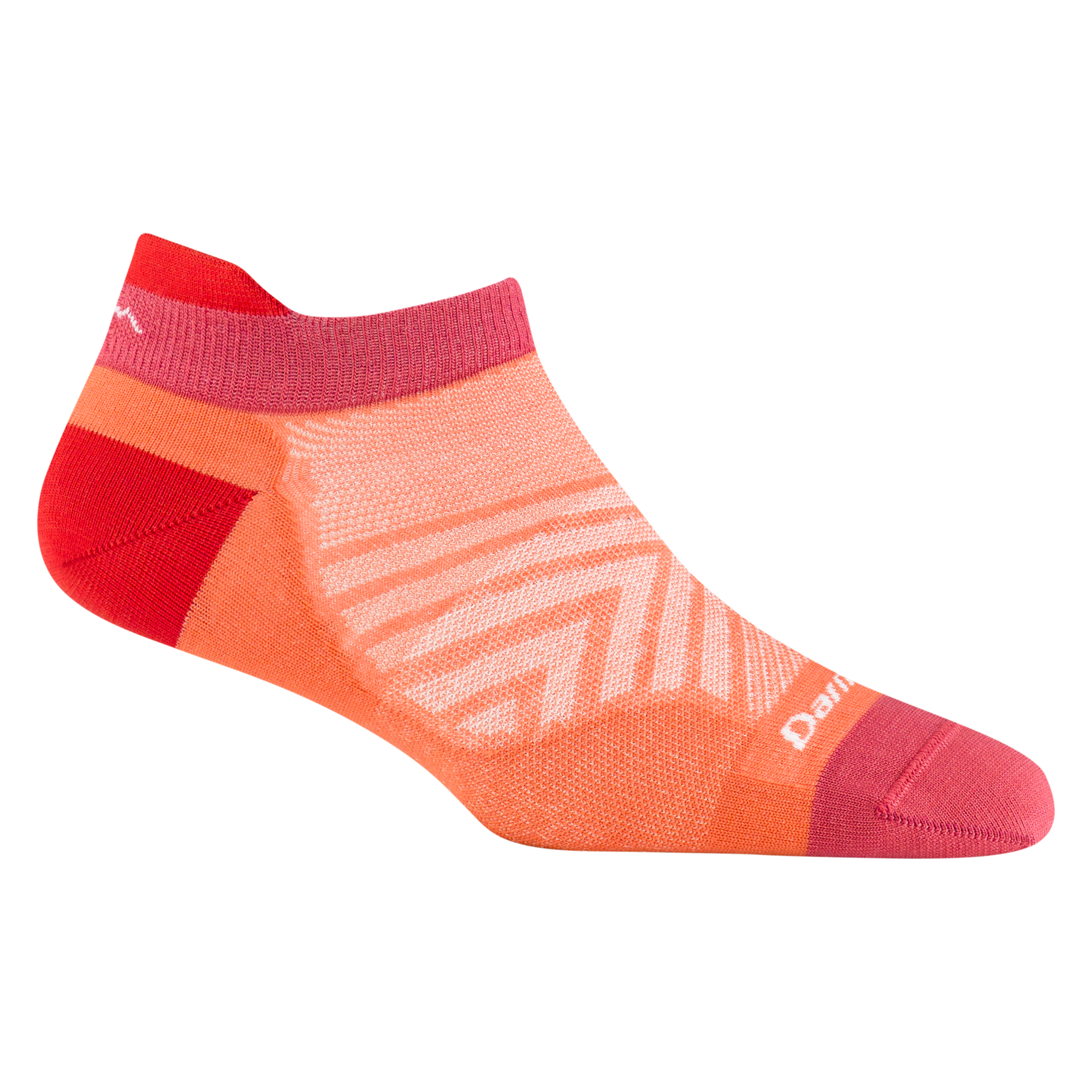 1043 women's no show tab running sock in coral with pink toe and red heel and tab accents