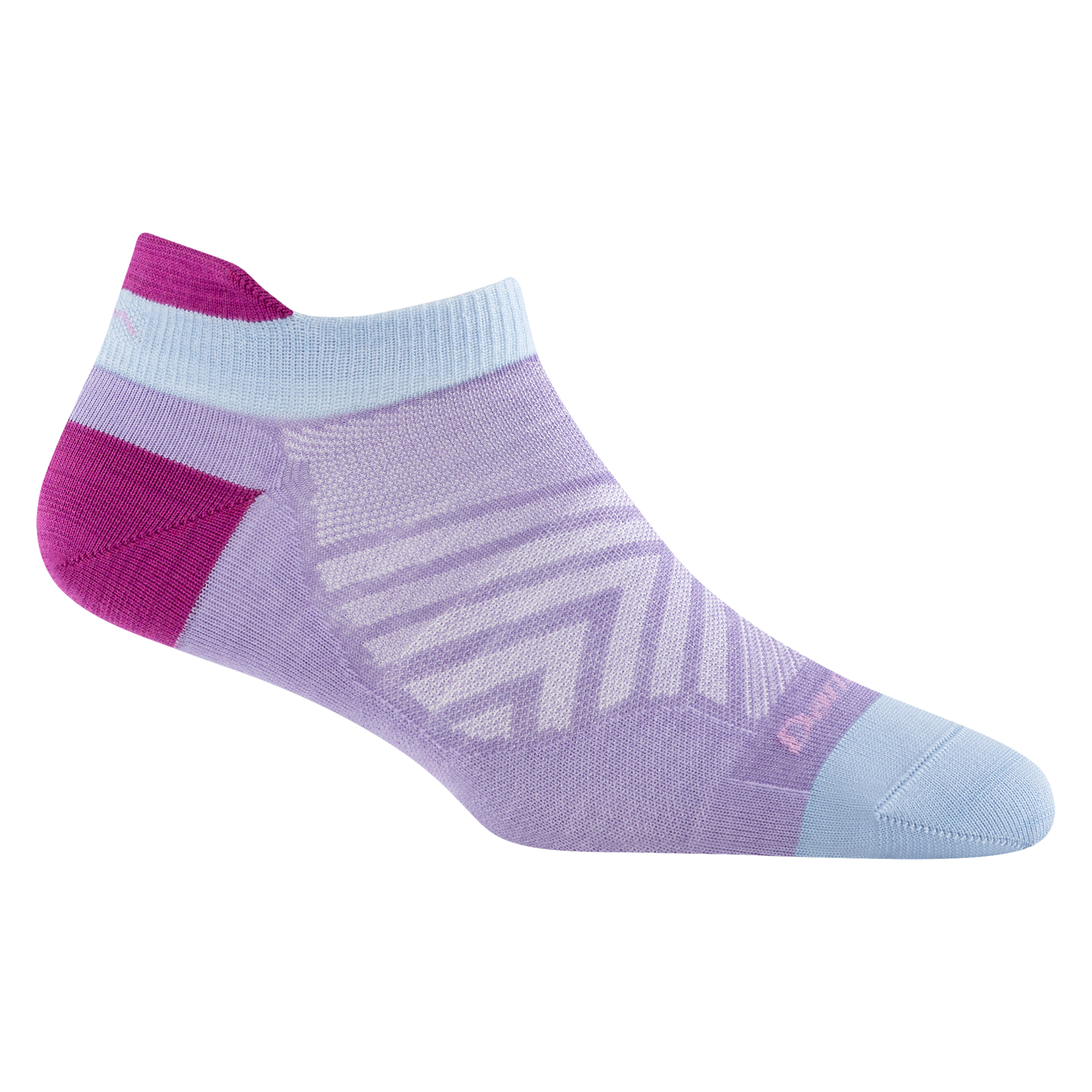 1043 women's no show tab running sock in lavender with blue toe and pink heel and tab accents