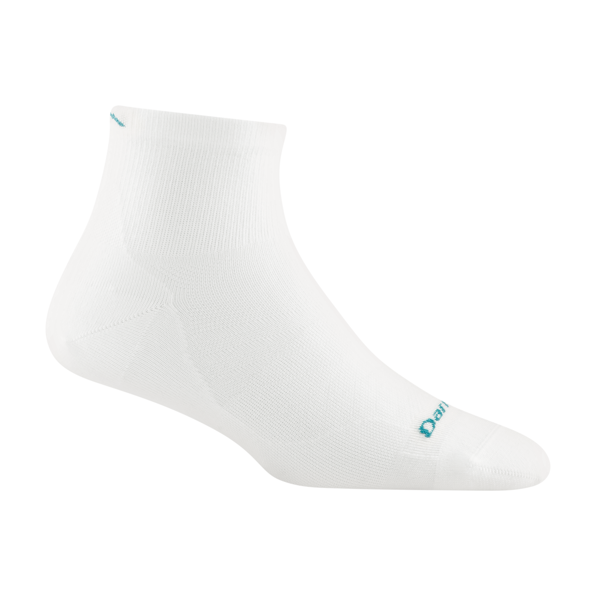 1044 women's quarter running sock in color white with teal darn tough signature on forefoot