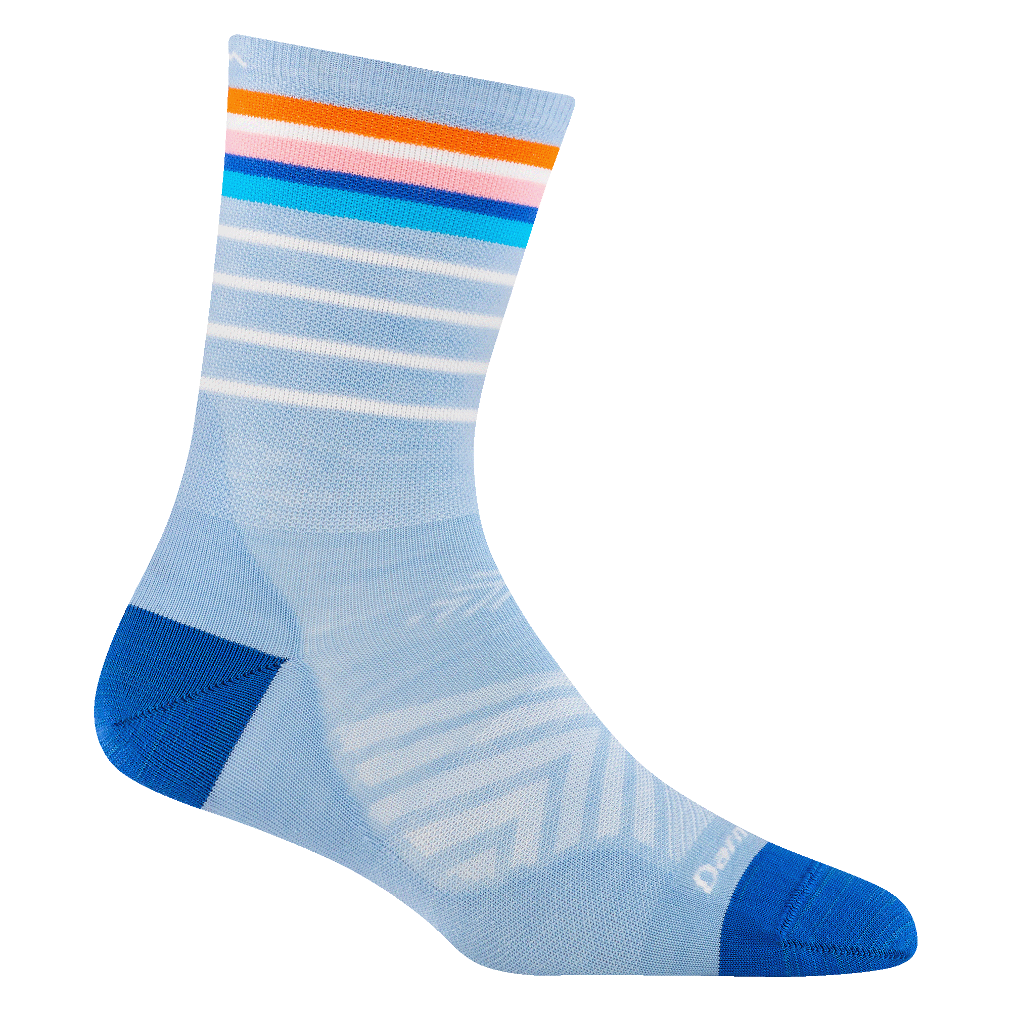 1045 women's stride micro crew running sock in sky with white, pink, orange, and blue stripes on the leg