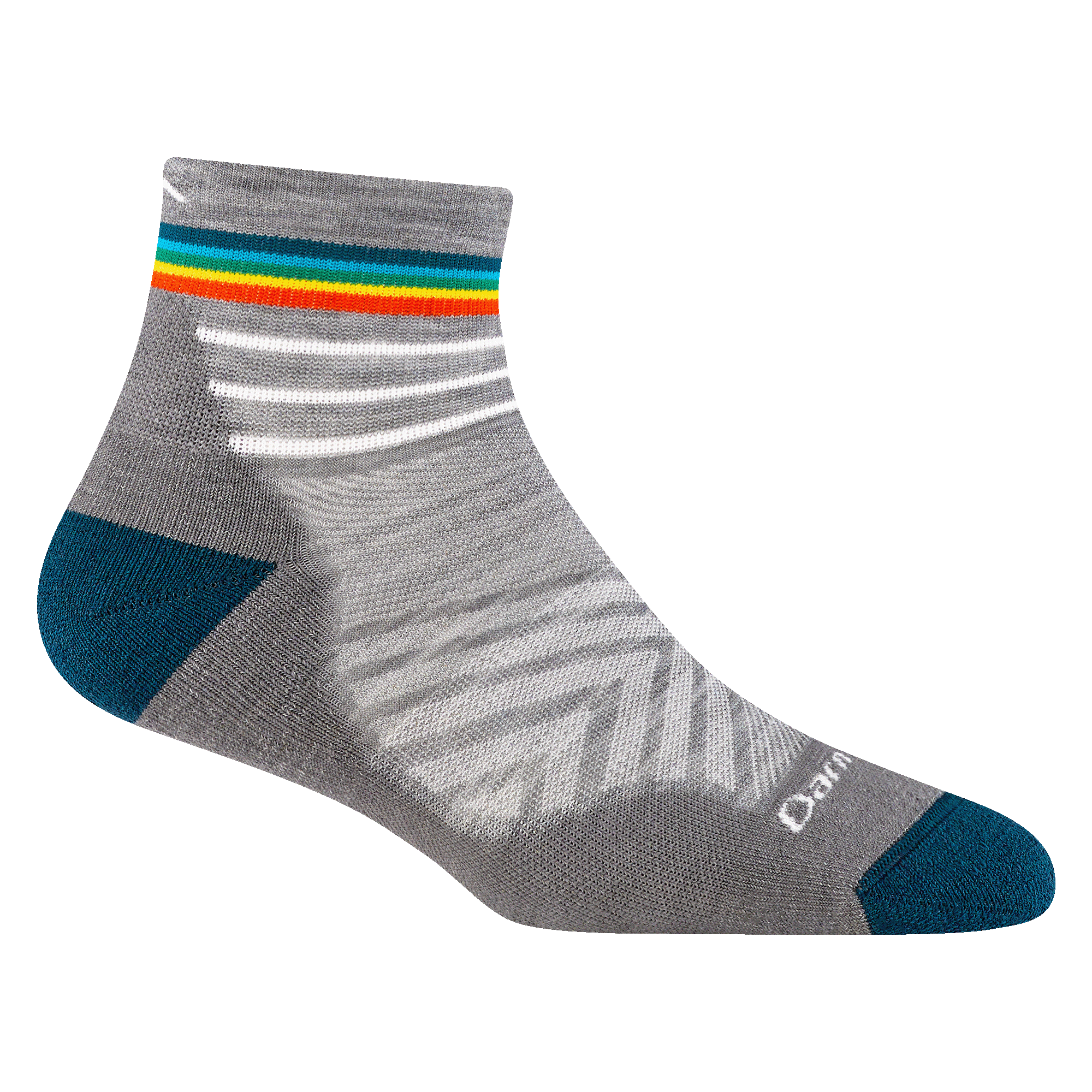 1048 women's quarter running sock in gray with white darn tough signature on forefoot rainbow stripes on cuff