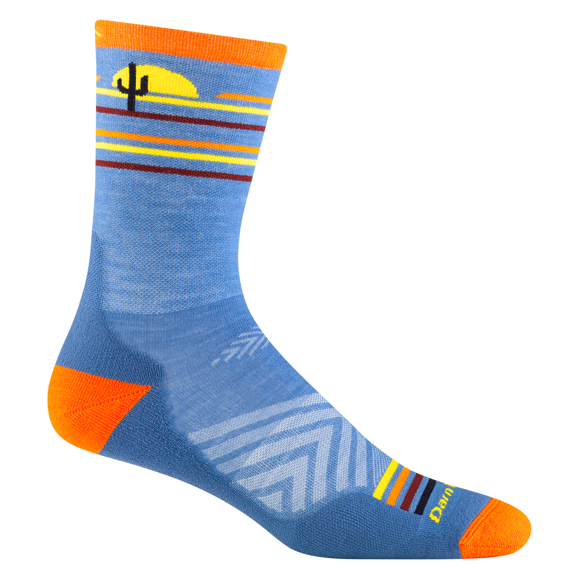 Reverse side of the men's frontrunner micro crew running sock in surf blue with red/yellow/orange stripes and a cactus