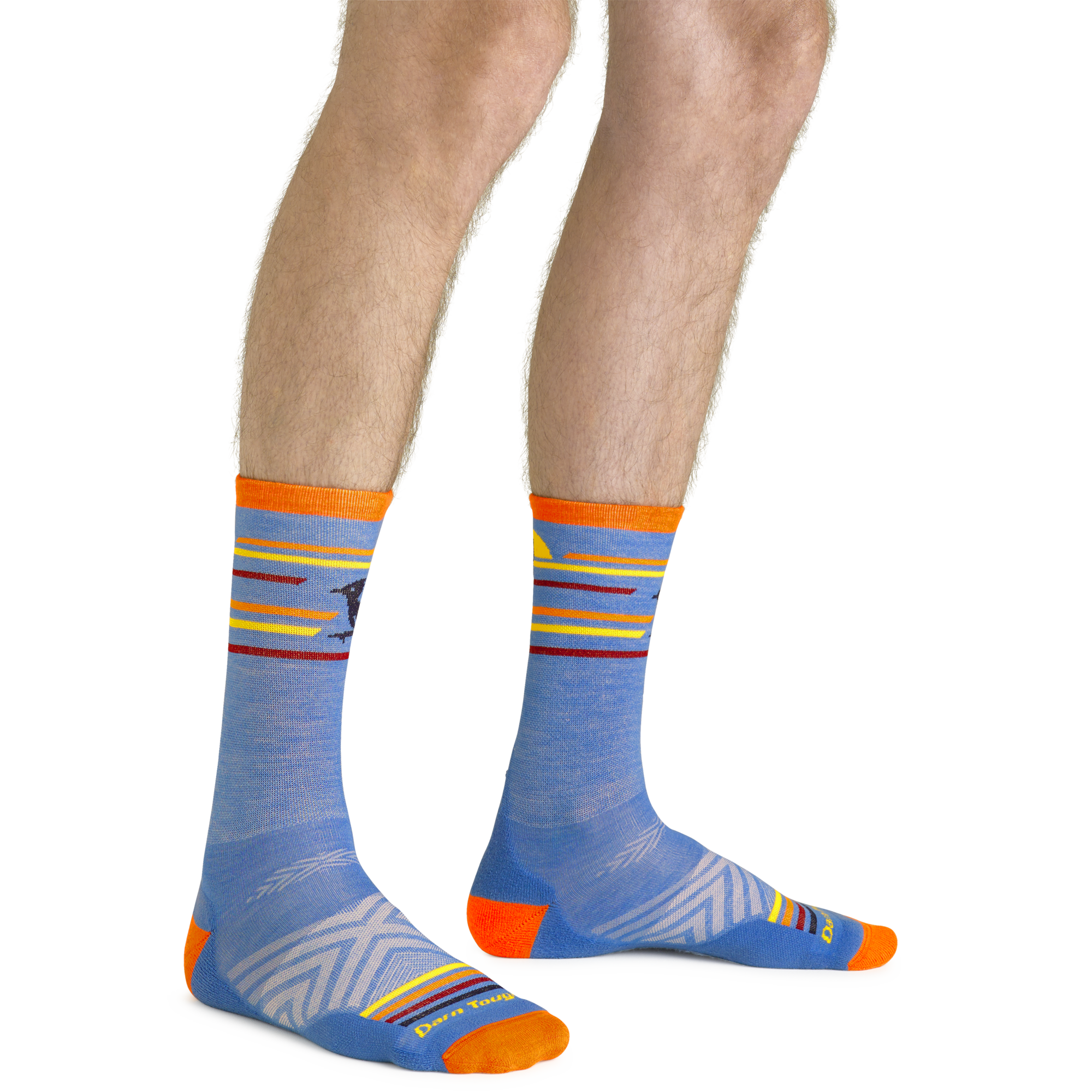 Close up shot of model wearing the men's frontrunner micro crew hiking socks in surf blue with no shoes on