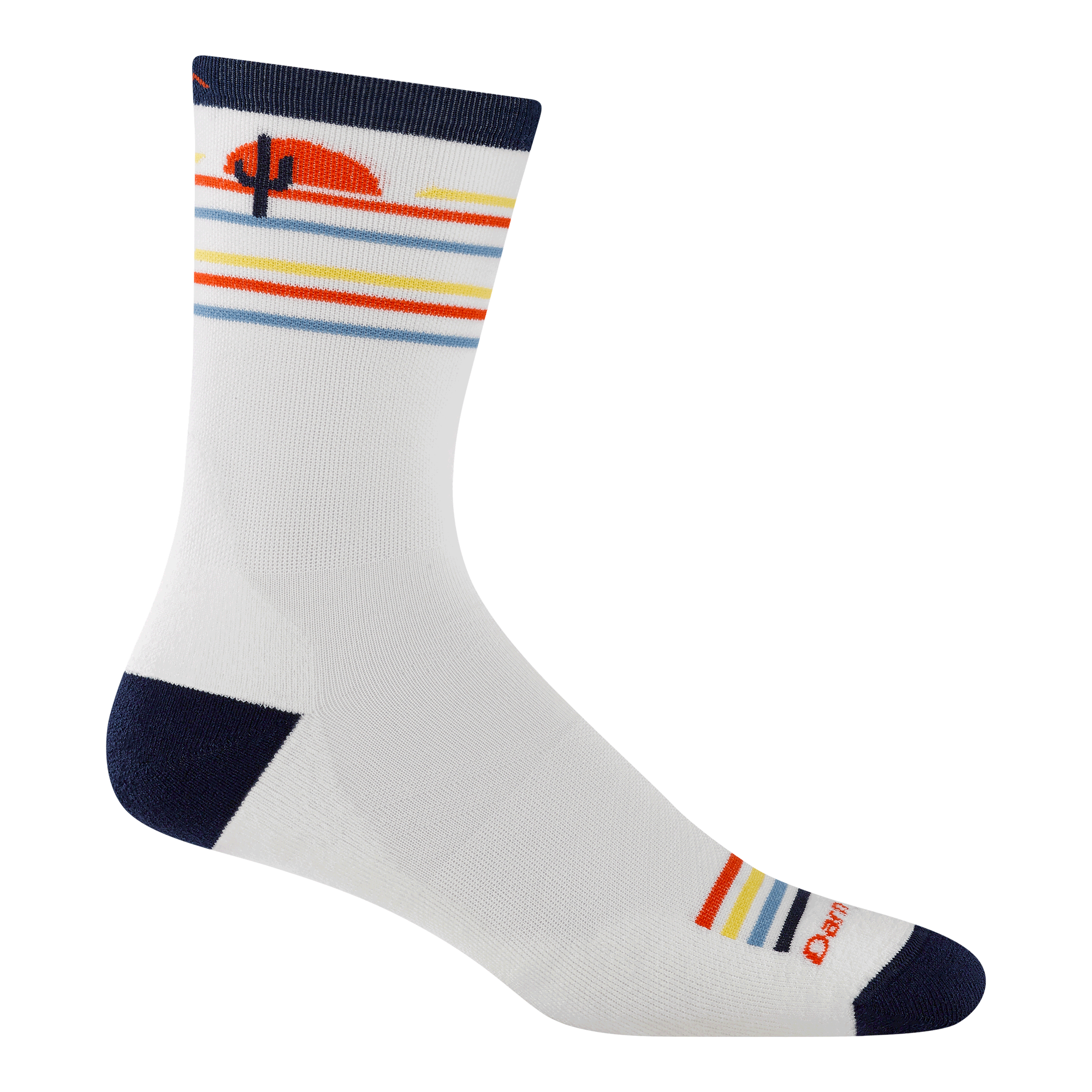 reverse side of the 1062 front runner in white featuringorange blue yellow stripes and navy toe/heel 
