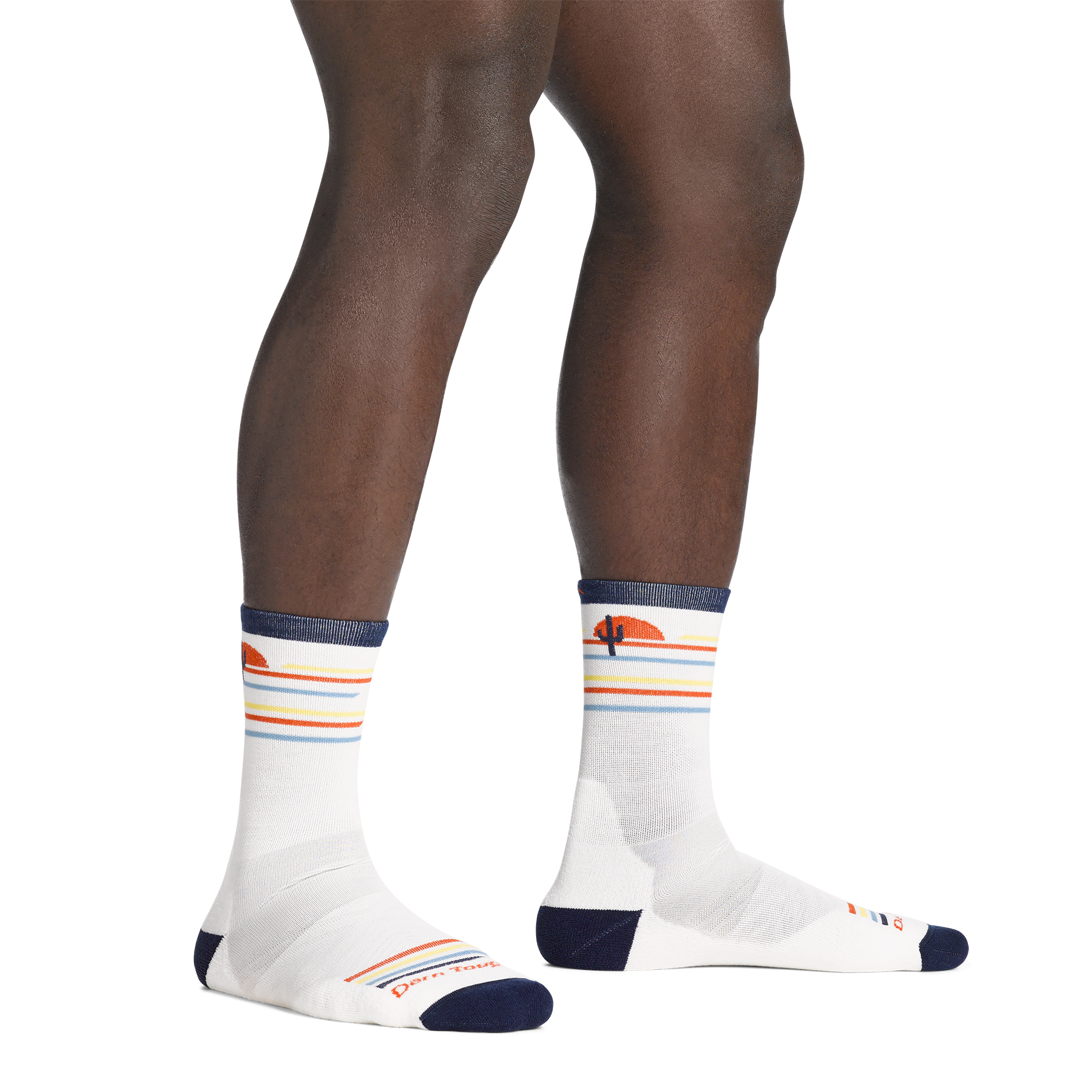 on model image bare foot wearing the 1062 front runner micro crew running sock in white colorway