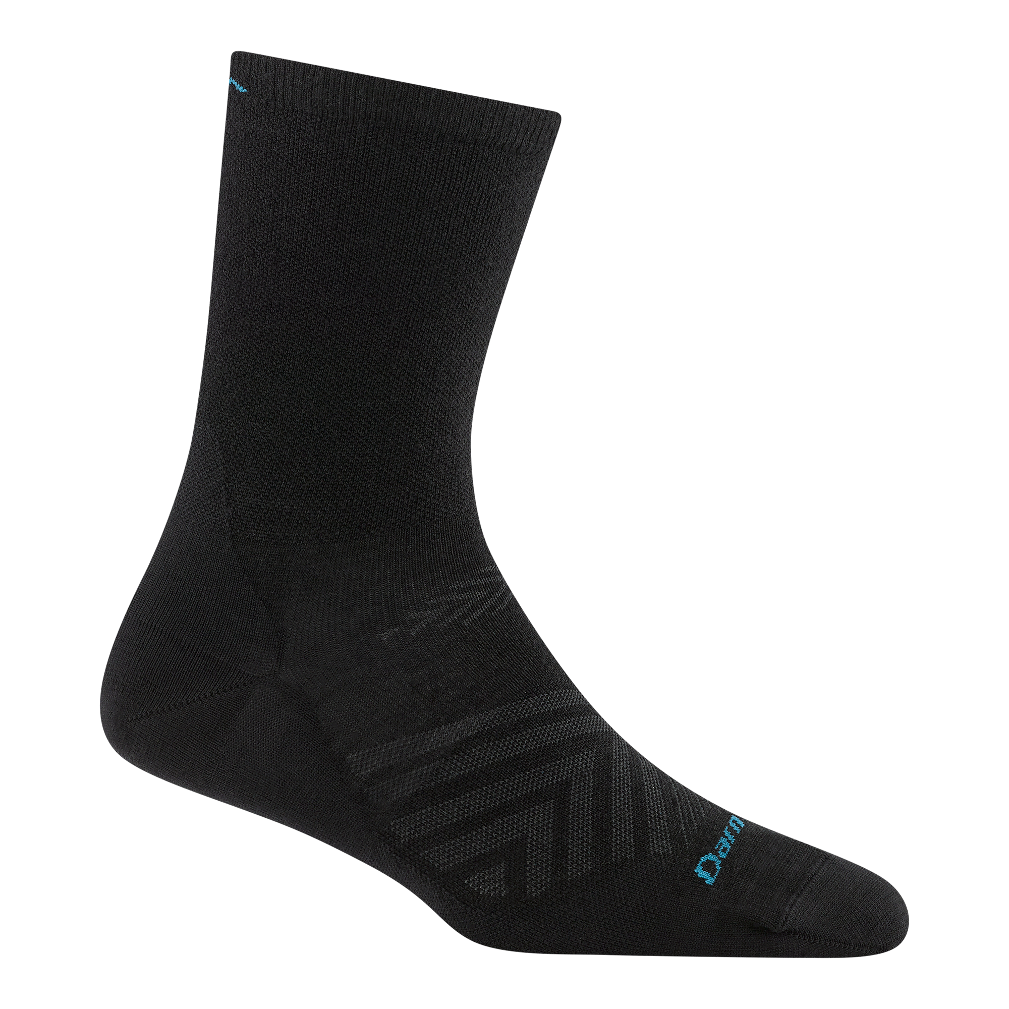 1068 Micro crew solid black running sock with a blue logo on the toe/cuff
