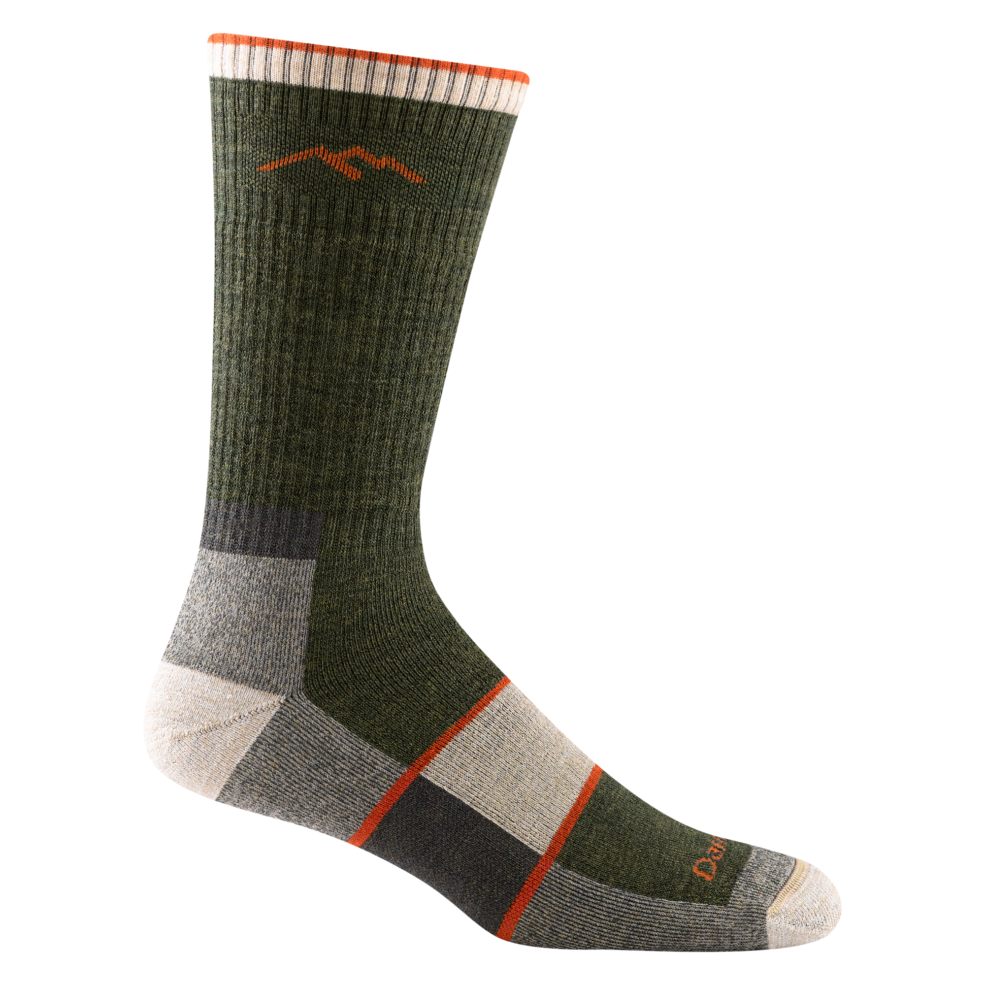 1405 men's hiking boot sock in olive green with white toe/heel accents and forefoot color block with 2 orange stripes