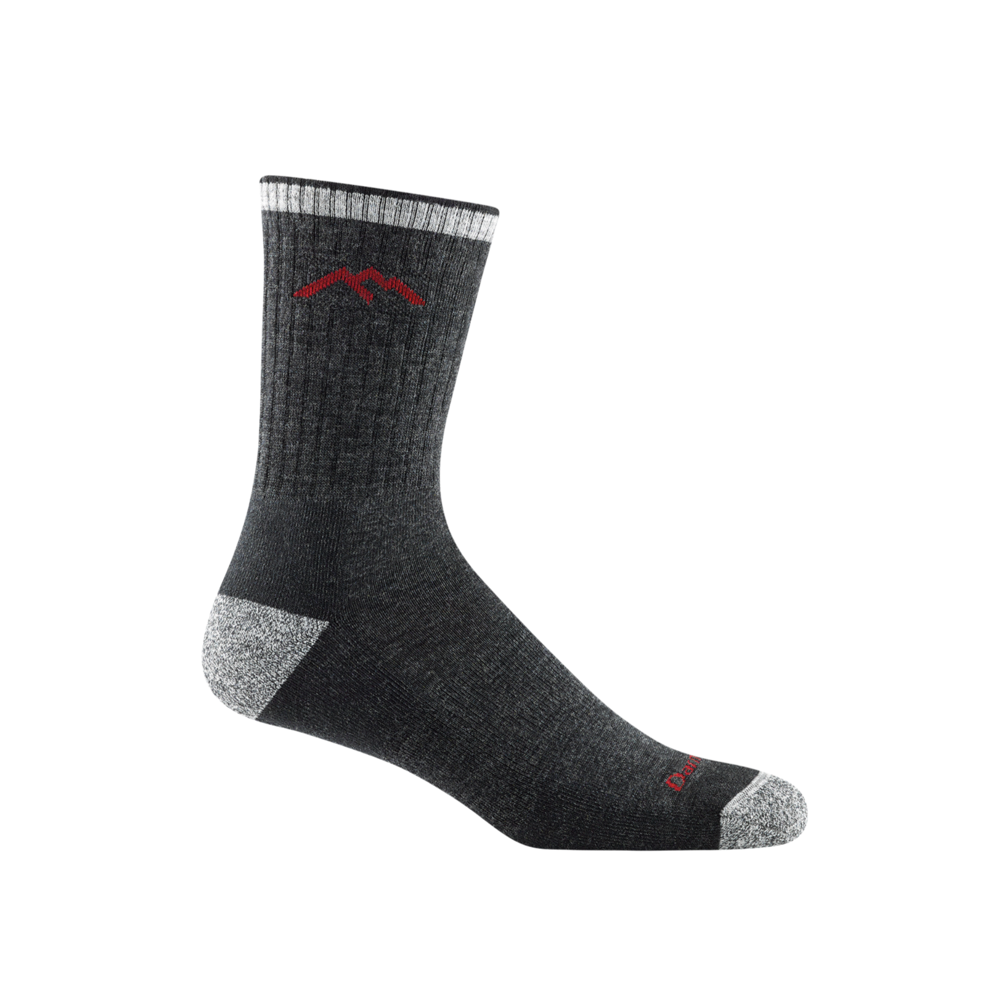 1466 men's micro crew hiking sock in color black with light gray toe/heel accents and red darn tough signature on forefoot