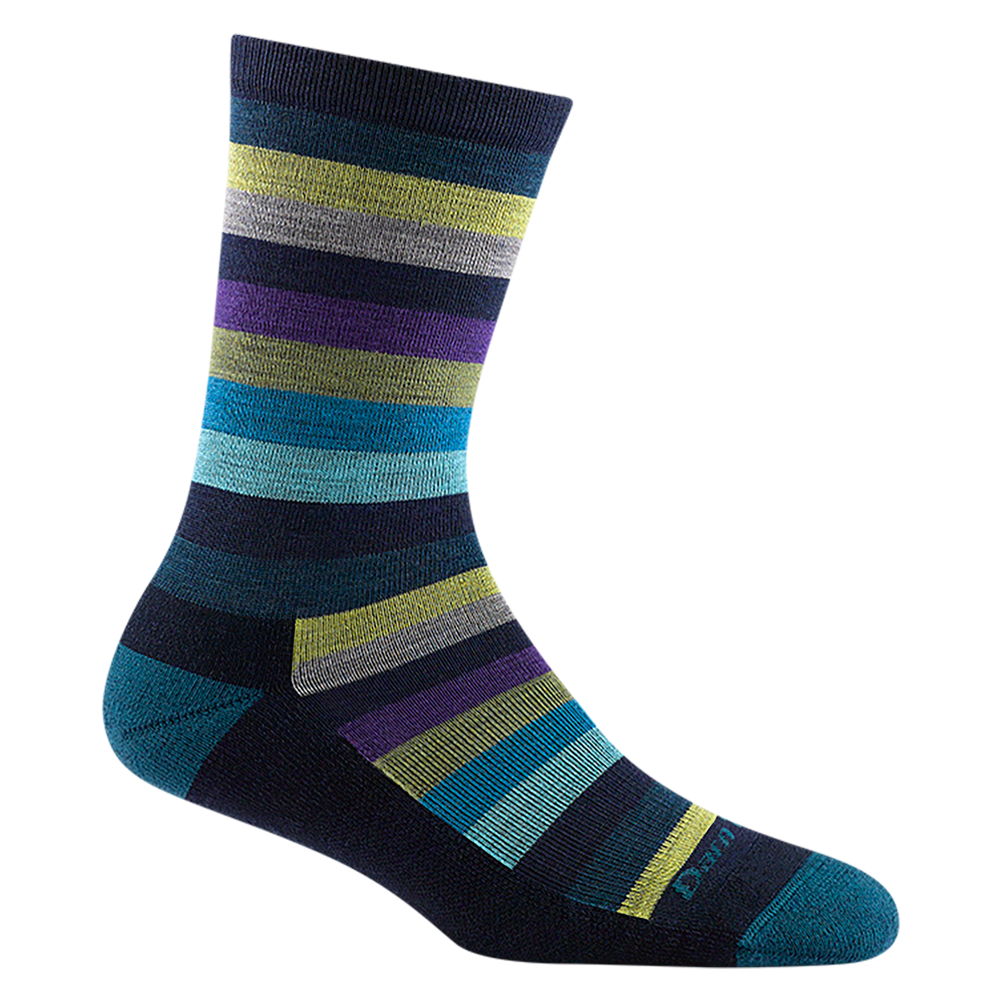 1644 women's mystic stripe crew lifestyle sock in color dark teal with lime green, blue, black and purple striping