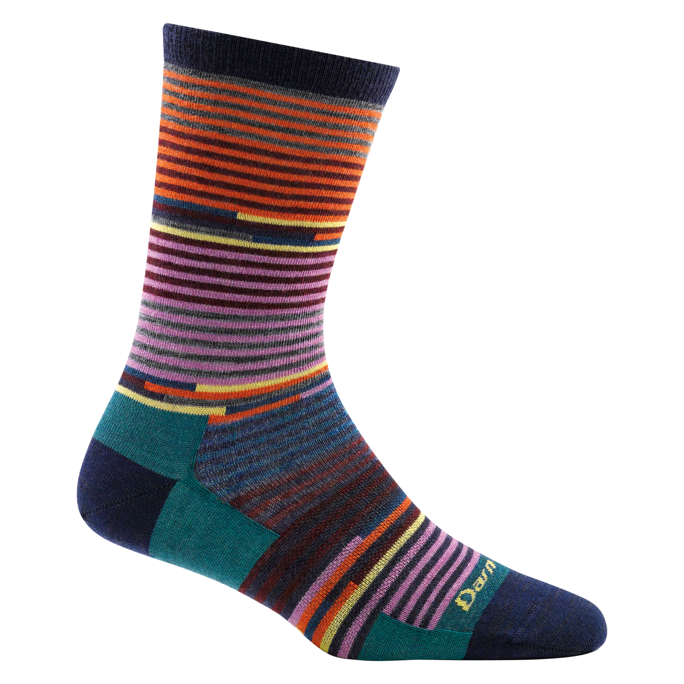 1692 women's pixie crew lifestyle sock in color navy with orange, pink, teal and yellow striping