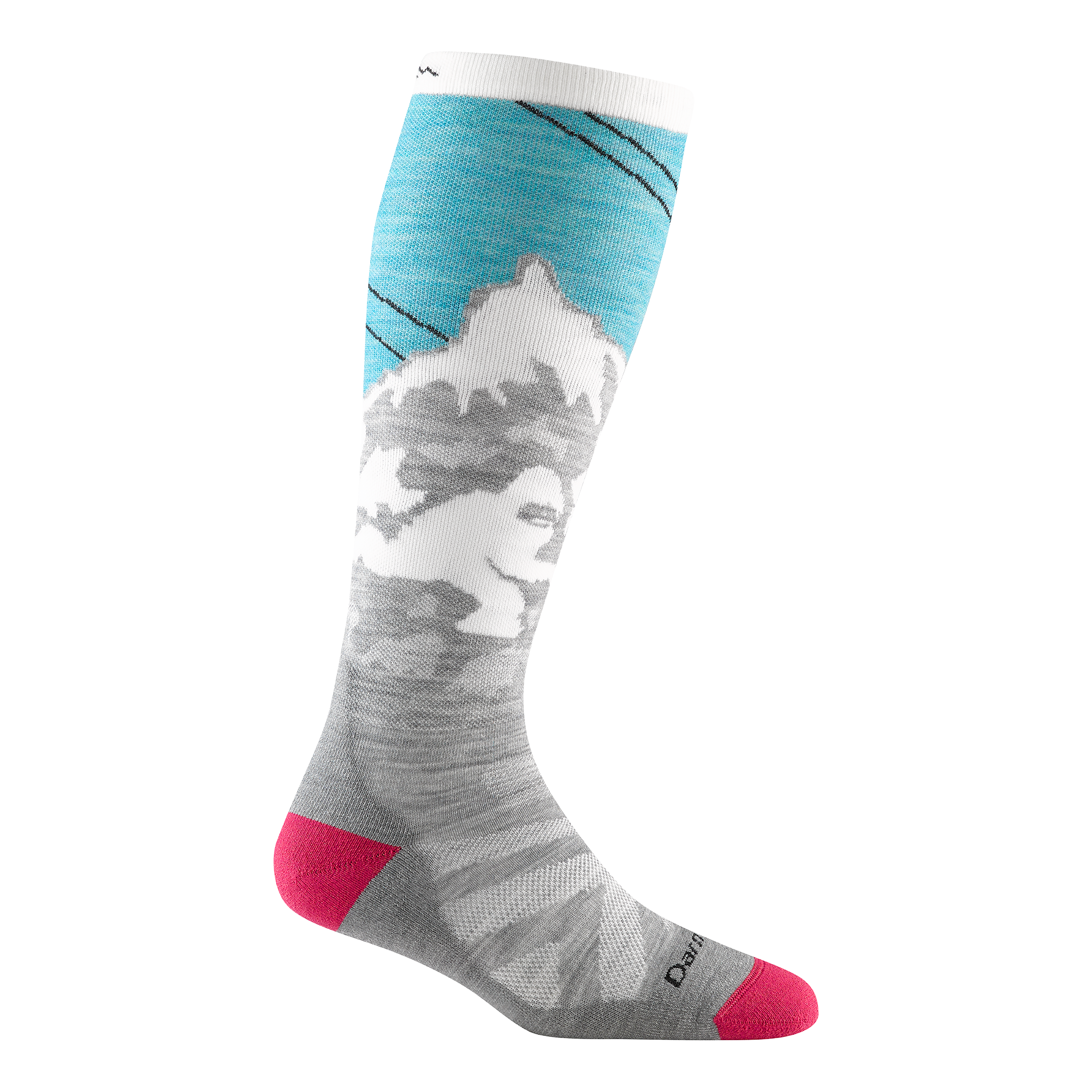 Women's yeti over-the-calf ski sock in aqua with grey chevron detailing on forefoot and mountain scape design