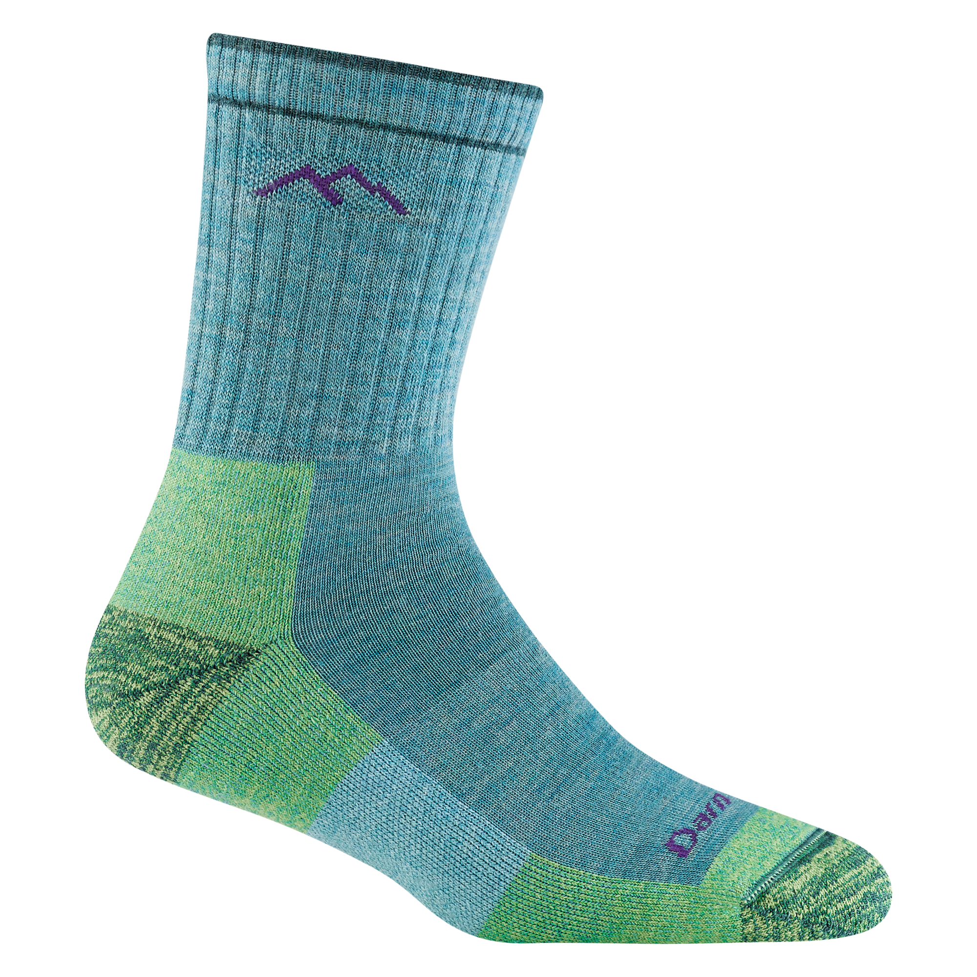 1903 women's hiker micro crew hiking sock in aqua with green toe/heel accents an purple darn tough mountain detail