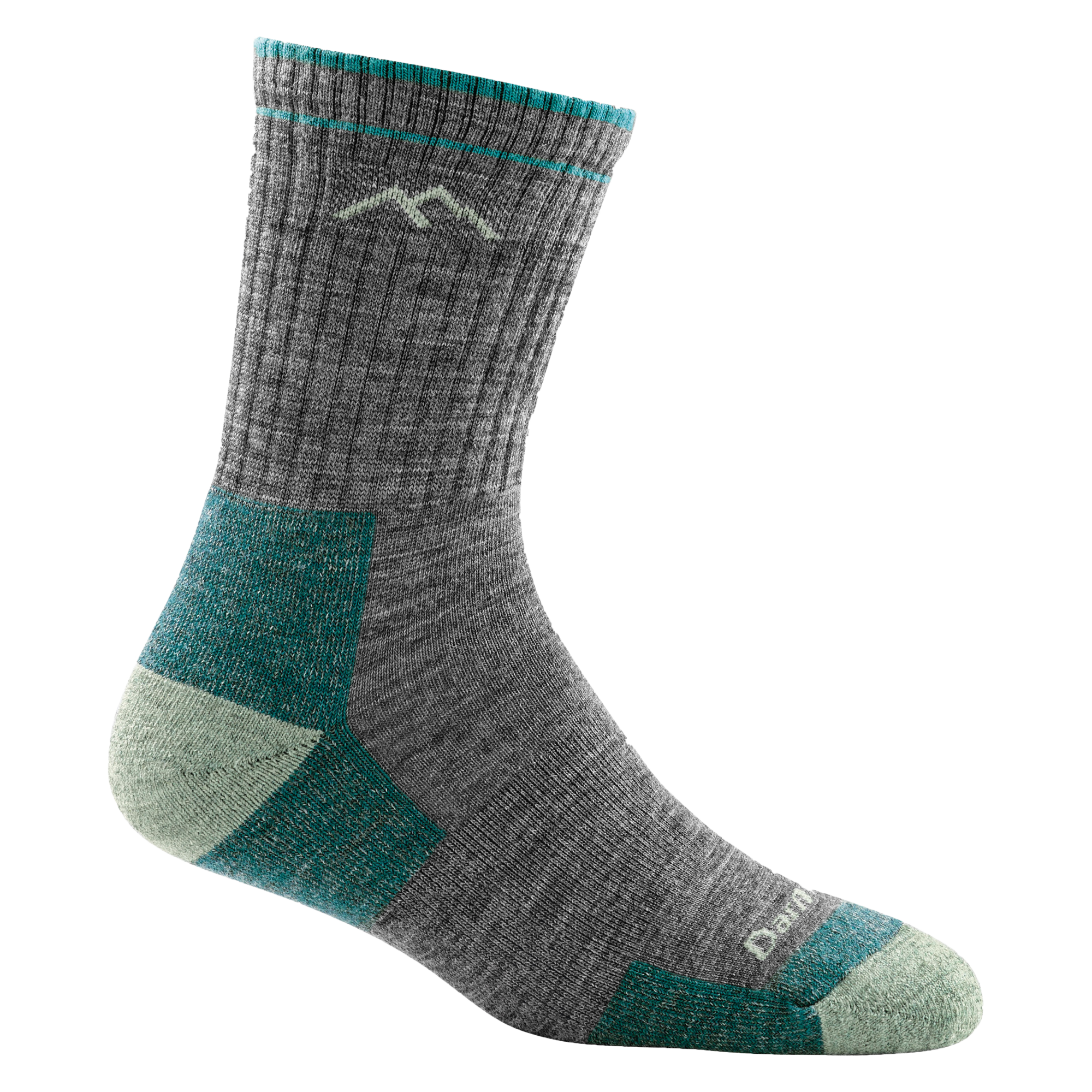 Closep detail shot of the Women's Hiker Micro Crew Midweight Hiking Sock in Slate with seafoam and dark teal accents