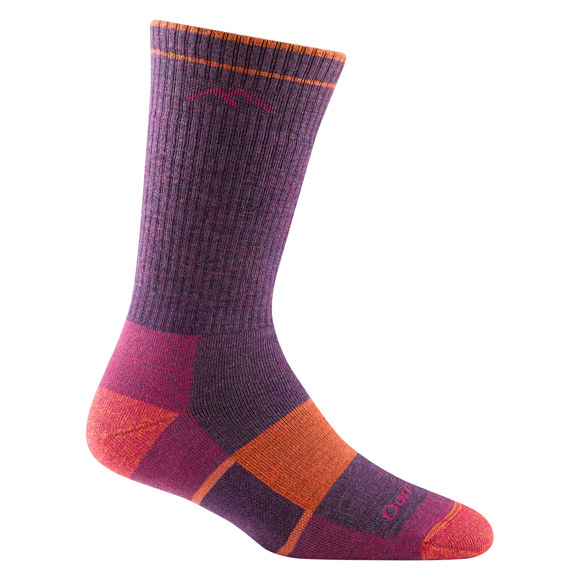 1908 women's hiking boot sock in color purple plum with coral toe/heel accents and orange color block on forefoot