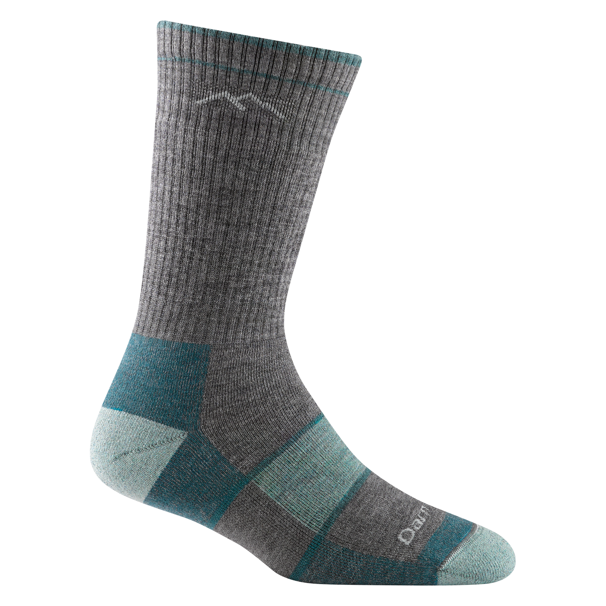 1908 women's hiking boot sock in color slate gray with light blue toe/heel accents and teal color block details