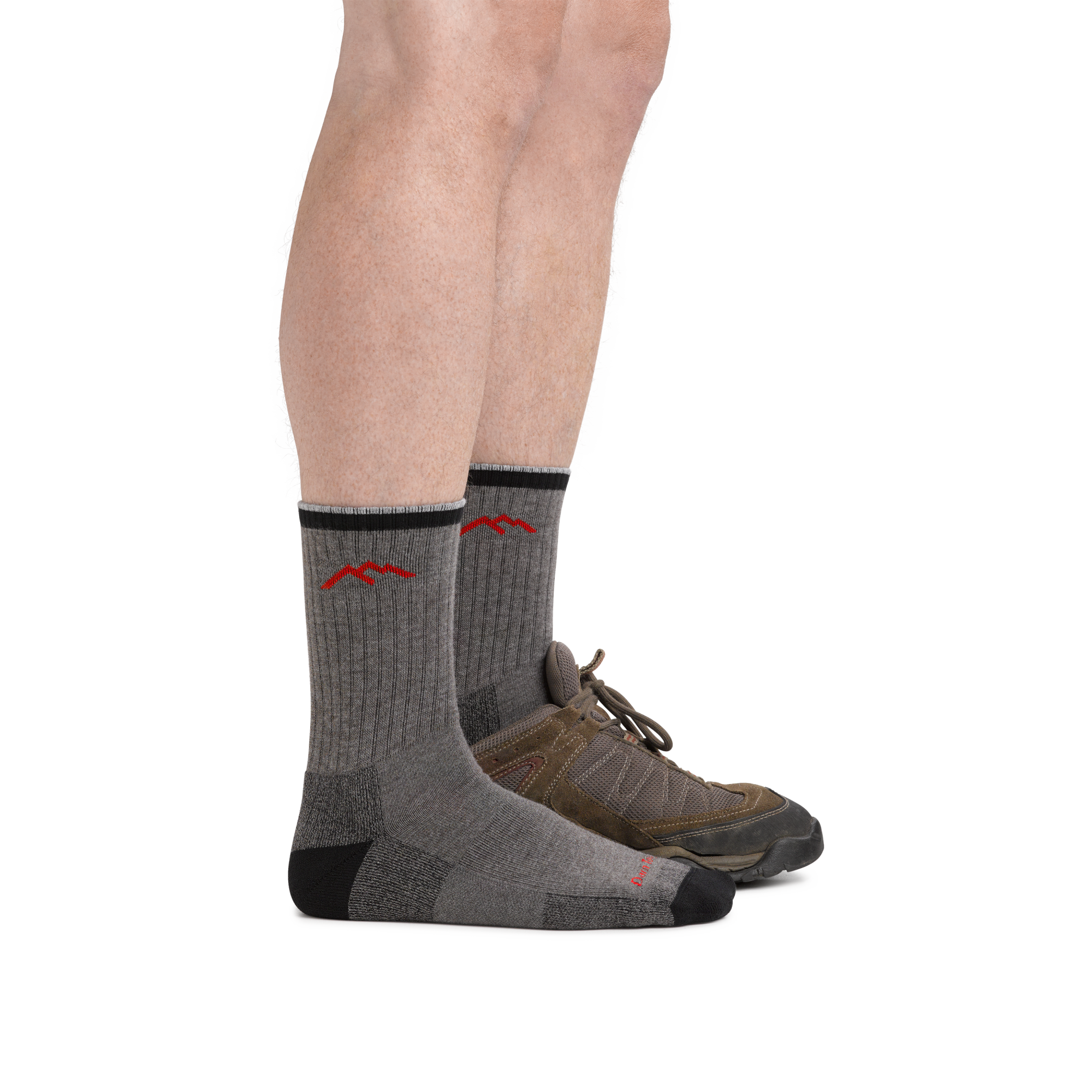 Man wearing Coolmax Hiker Micro Crew Hiking sock and back foot wearing hiking shoe, showing the sock is shin height