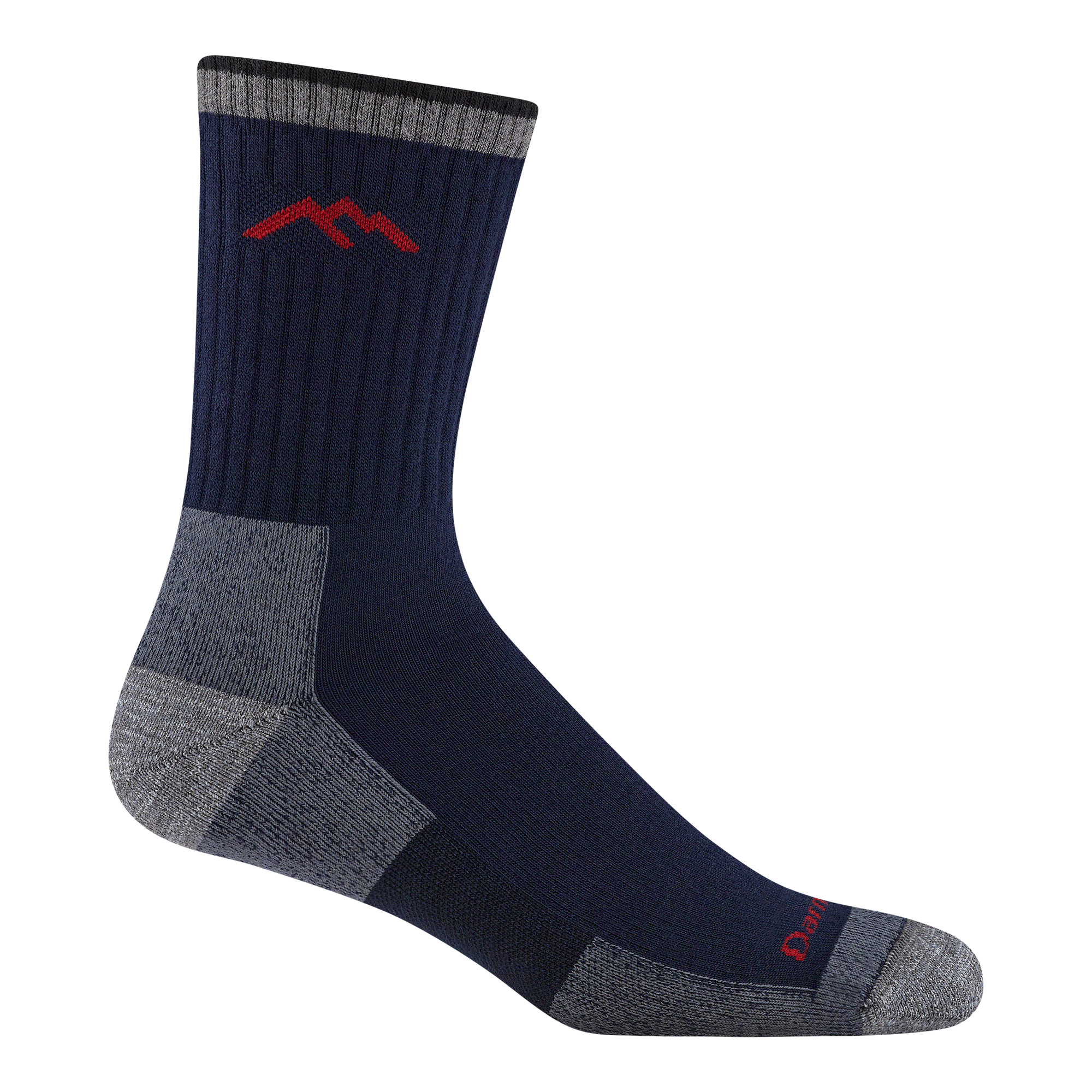 1931 men's coolmax micro crew hiking sock in Navy with gray toe/heel accents and red mountain logo
