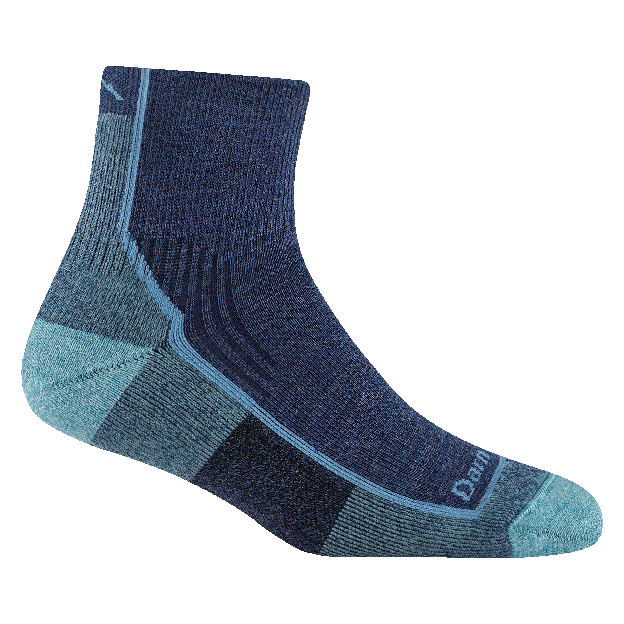 1958 women's quarter hiking sock in color blue jay with aqua toe/heel accents and light blue detail and logo