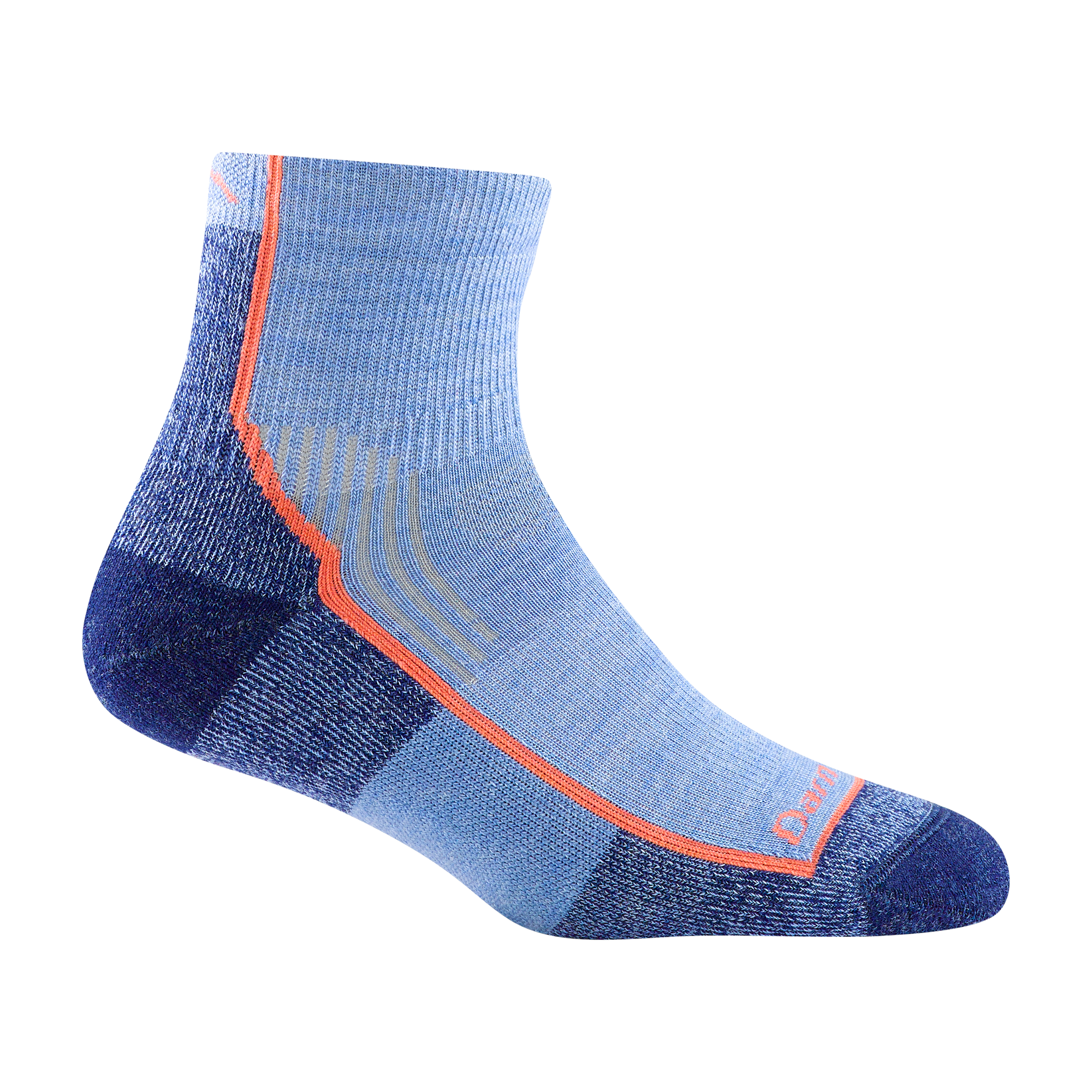 1958 women's quarter hiking sock in color denim blue with navy toe/heel accents and orange forefoot outline