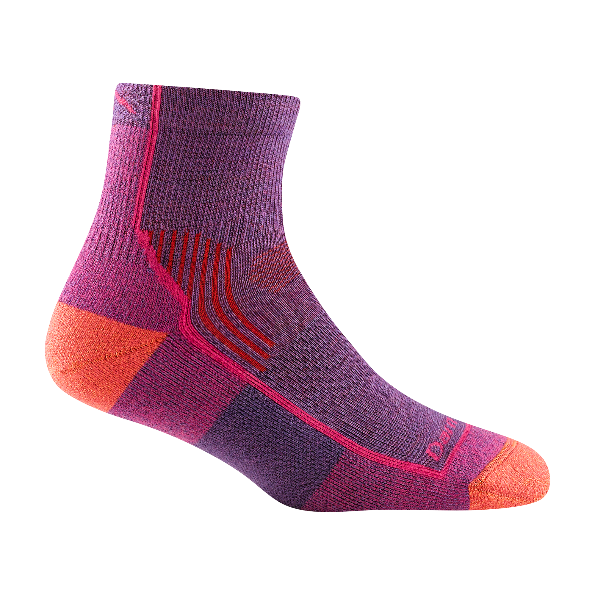 1958 women's quarter hiking sock in color berry purple with coral toe/heel accents and pink forefoot outline