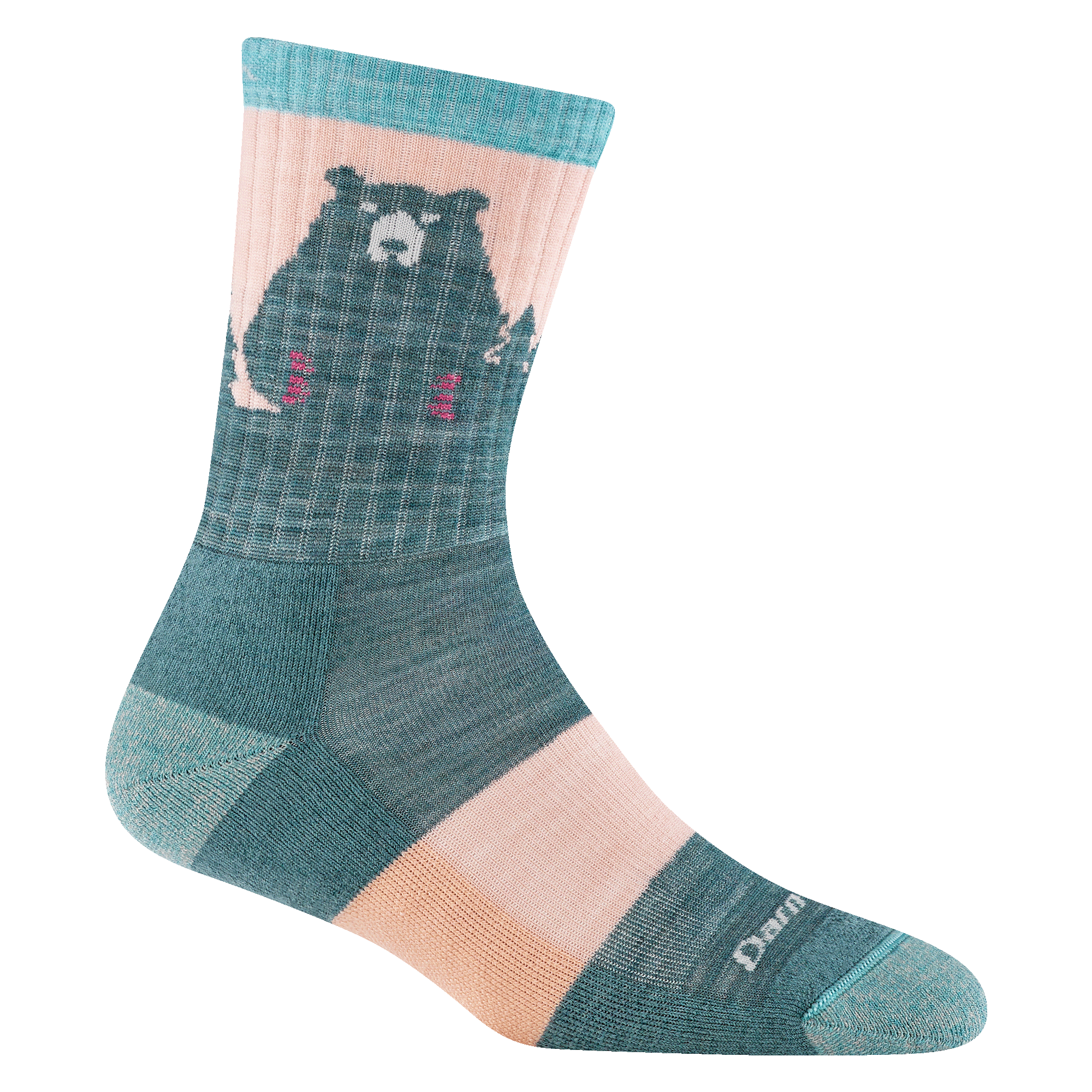 1970 women's bear town micro crew hiking sock in color quartz with pink accents and aqua heel/toe